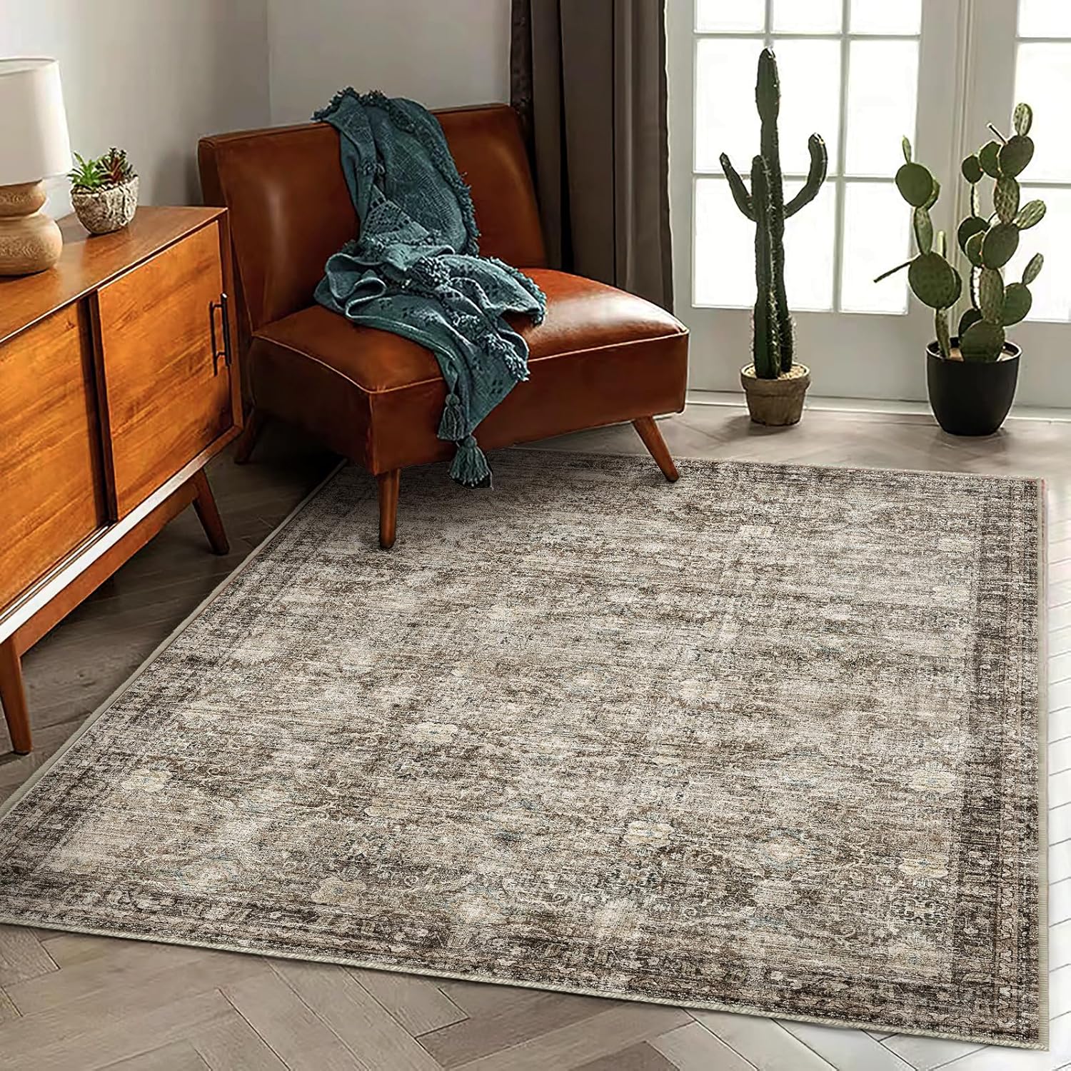 Area Rug 8x10 Washable Rug Brown Vintage Traditional Mat Distressed Indoor Foldable Thin Retro Accent Floral Non Slip Carpet Living Room Dining Room Office