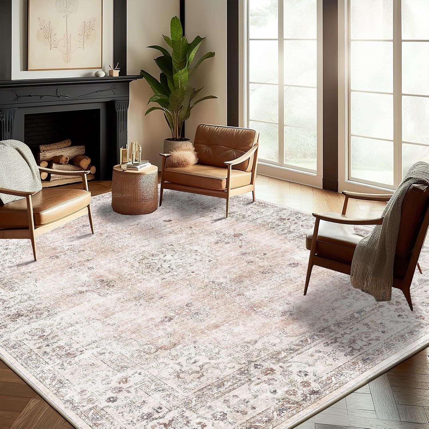 Area Rug 8x10 Washable Rug Brown Vintage Traditional Mat Distressed Indoor Foldable Thin Retro Accent Floral Non Slip Carpet Living Room Dining Room Office