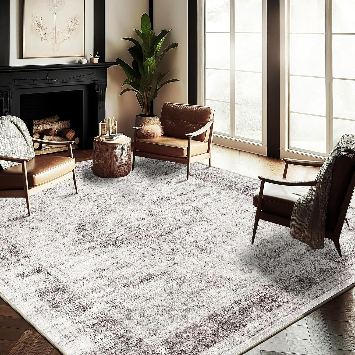 Area Rug 8x10 Washable Rug Brown Vintage Traditional Mat Distressed Indoor Foldable Thin Retro Accent Floral Non Slip Carpet Living Room Dining Room Office