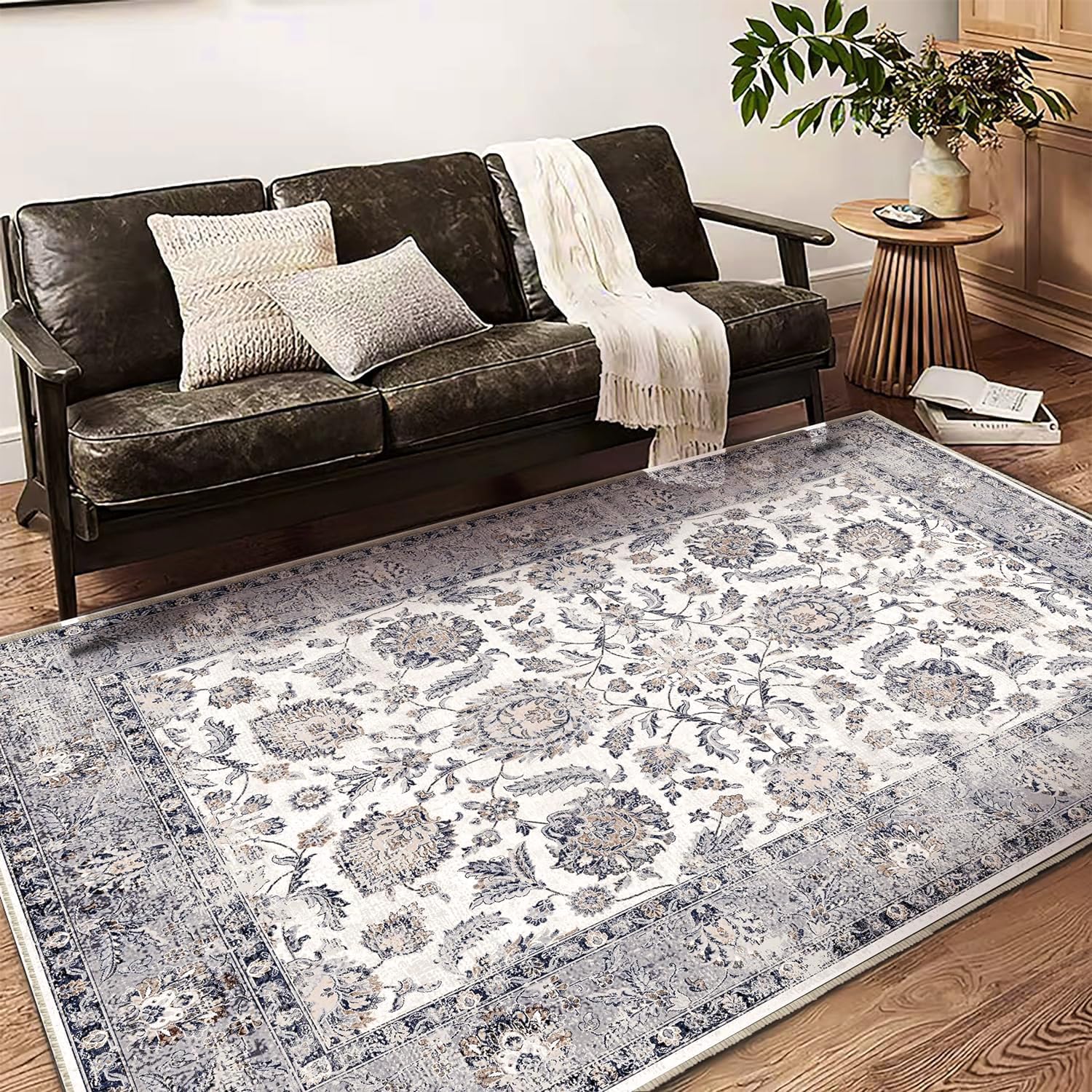 Area Rug 8x10 Washable Rug Brown Vintage Traditional Mat Distressed Indoor Foldable Thin Retro Accent Floral Non Slip Carpet Living Room Dining Room Office