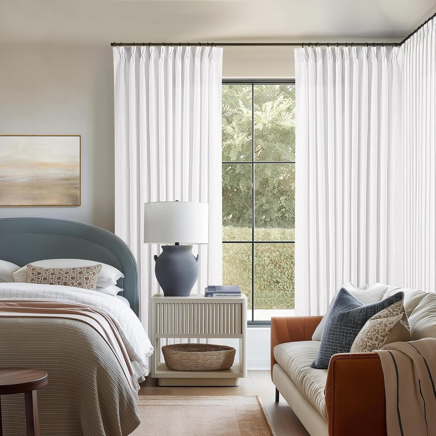 Natural Pinch Pleated Linen Curtains 84 Inch Length 2 Panels for Living Room Bedroom Textured Cream Ivory Birch Semi Sheer Boho Neutral Back Tab Pinch Pleat Hooks Rings Window Curtain 84 Inches Long