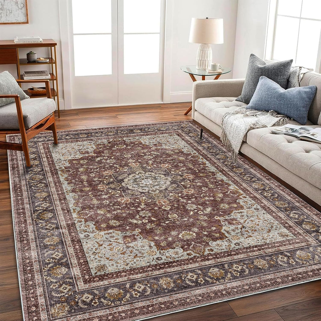 Area Rug 8x10 Washable Rug Brown Vintage Traditional Mat Distressed Indoor Foldable Thin Retro Accent Floral Non Slip Carpet Living Room Dining Room Office