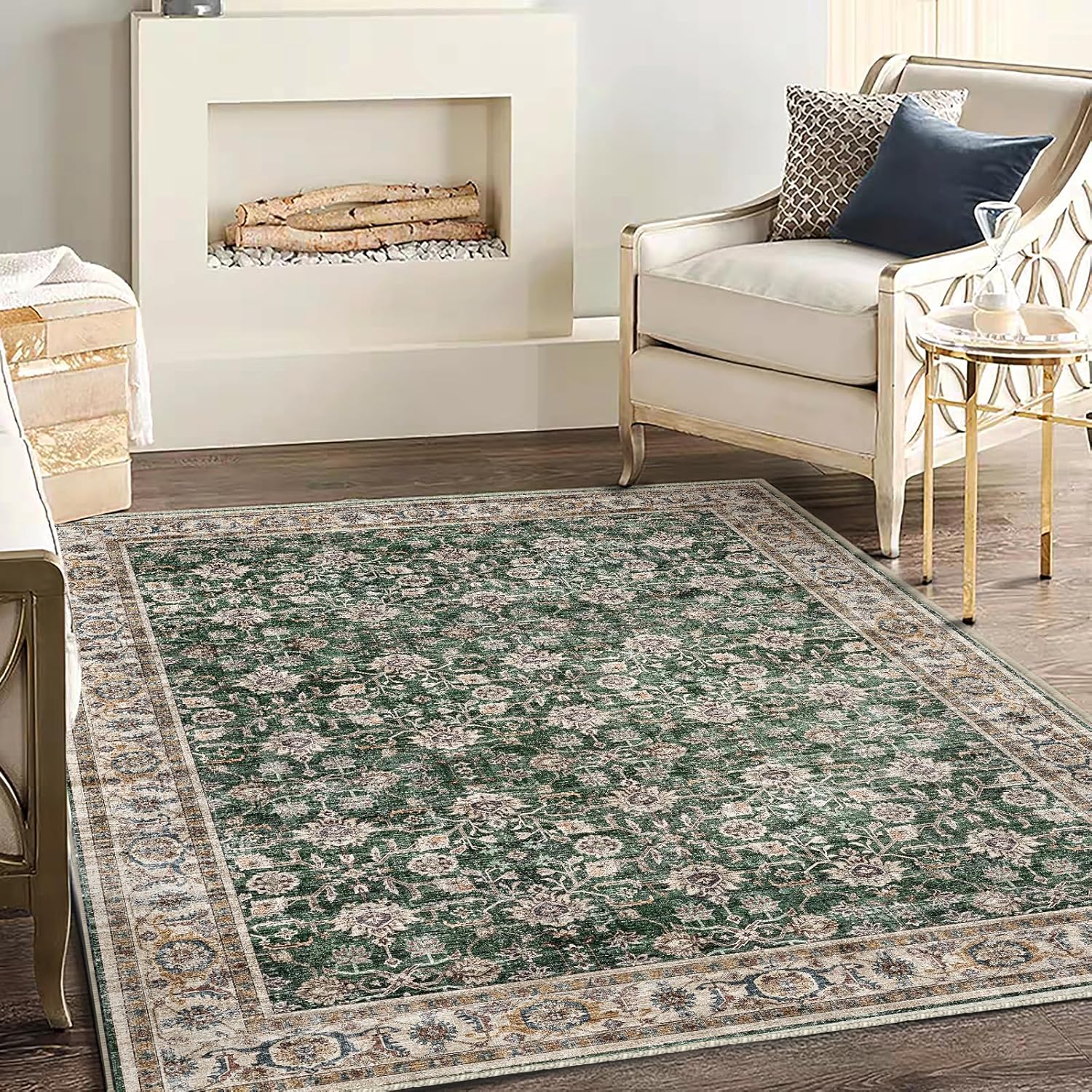 Area Rug 8x10 Washable Rug Brown Vintage Traditional Mat Distressed Indoor Foldable Thin Retro Accent Floral Non Slip Carpet Living Room Dining Room Office