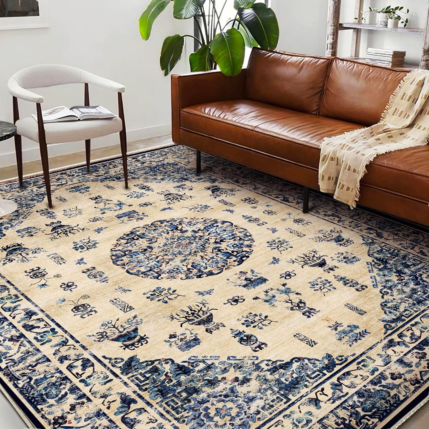 Area Rug 8x10 Washable Rug Brown Vintage Traditional Mat Distressed Indoor Foldable Thin Retro Accent Floral Non Slip Carpet Living Room Dining Room Office