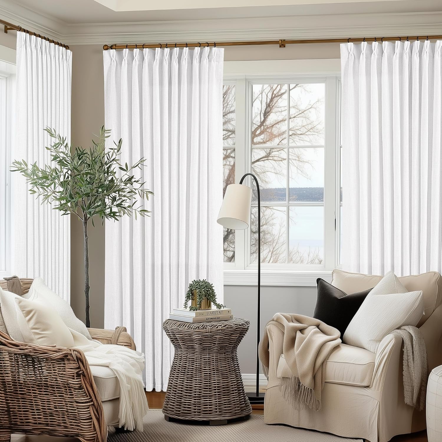 Natural Pinch Pleated Linen Curtains 84 Inch Length 2 Panels for Living Room Bedroom Textured Cream Ivory Birch Semi Sheer Boho Neutral Back Tab Pinch Pleat Hooks Rings Window Curtain 84 Inches Long