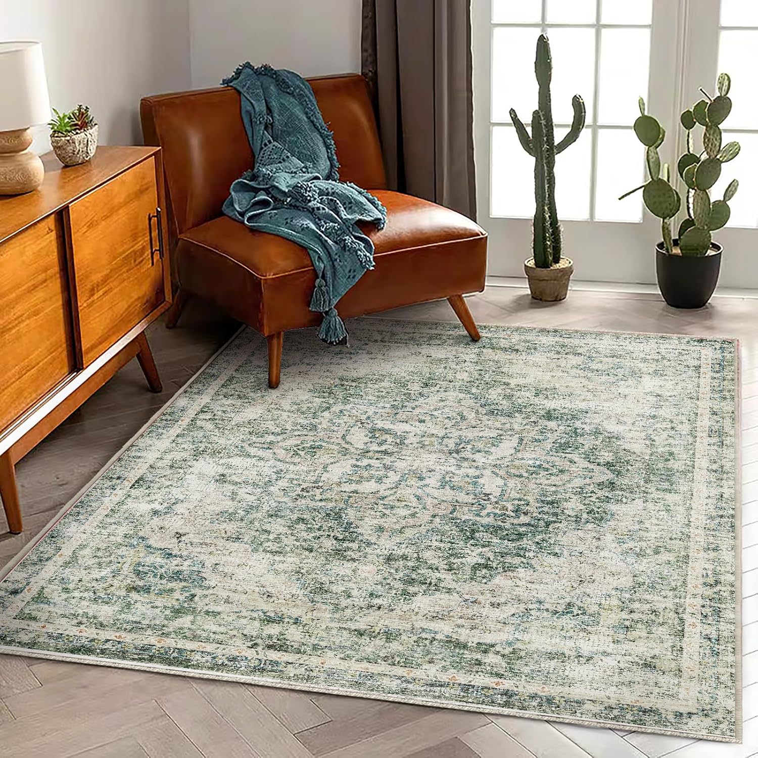 Area Rug 8x10 Washable Rug Brown Vintage Traditional Mat Distressed Indoor Foldable Thin Retro Accent Floral Non Slip Carpet Living Room Dining Room Office