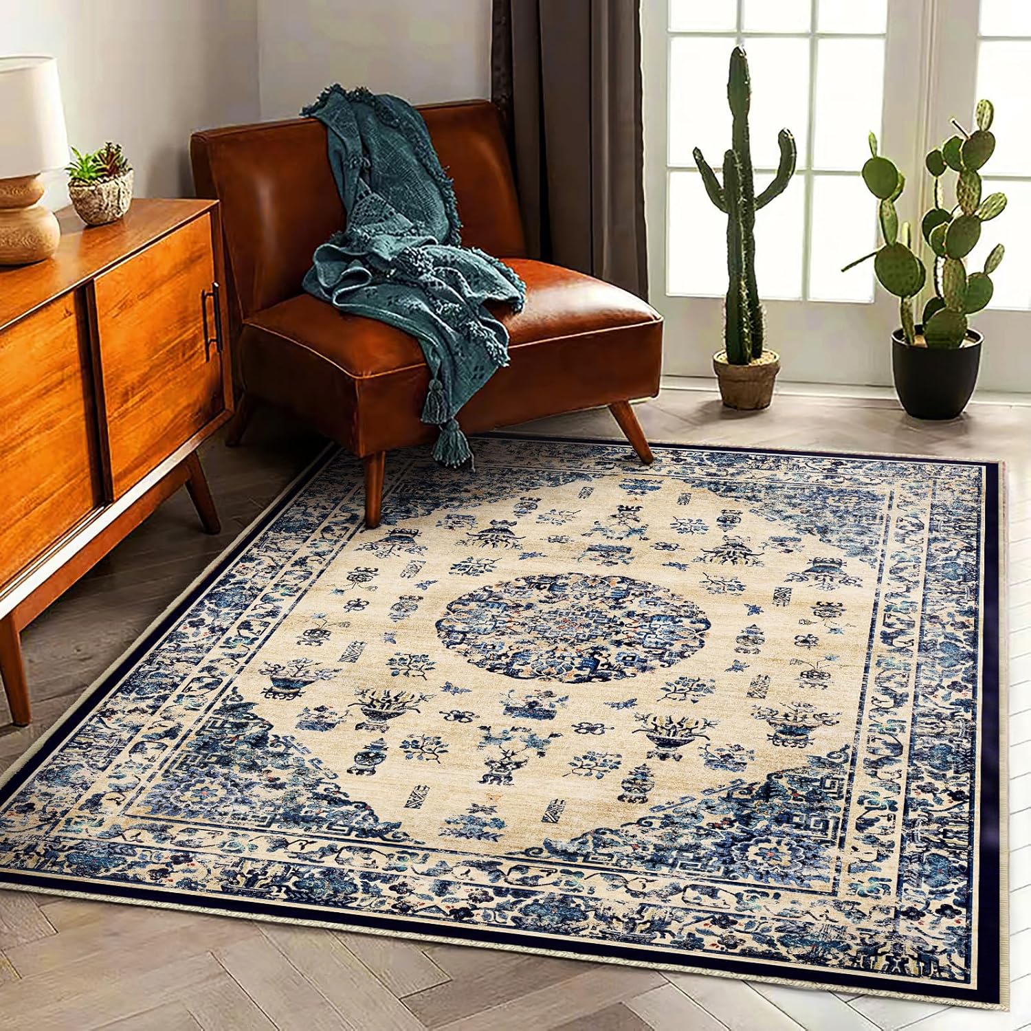 Area Rug 8x10 Washable Rug Brown Vintage Traditional Mat Distressed Indoor Foldable Thin Retro Accent Floral Non Slip Carpet Living Room Dining Room Office
