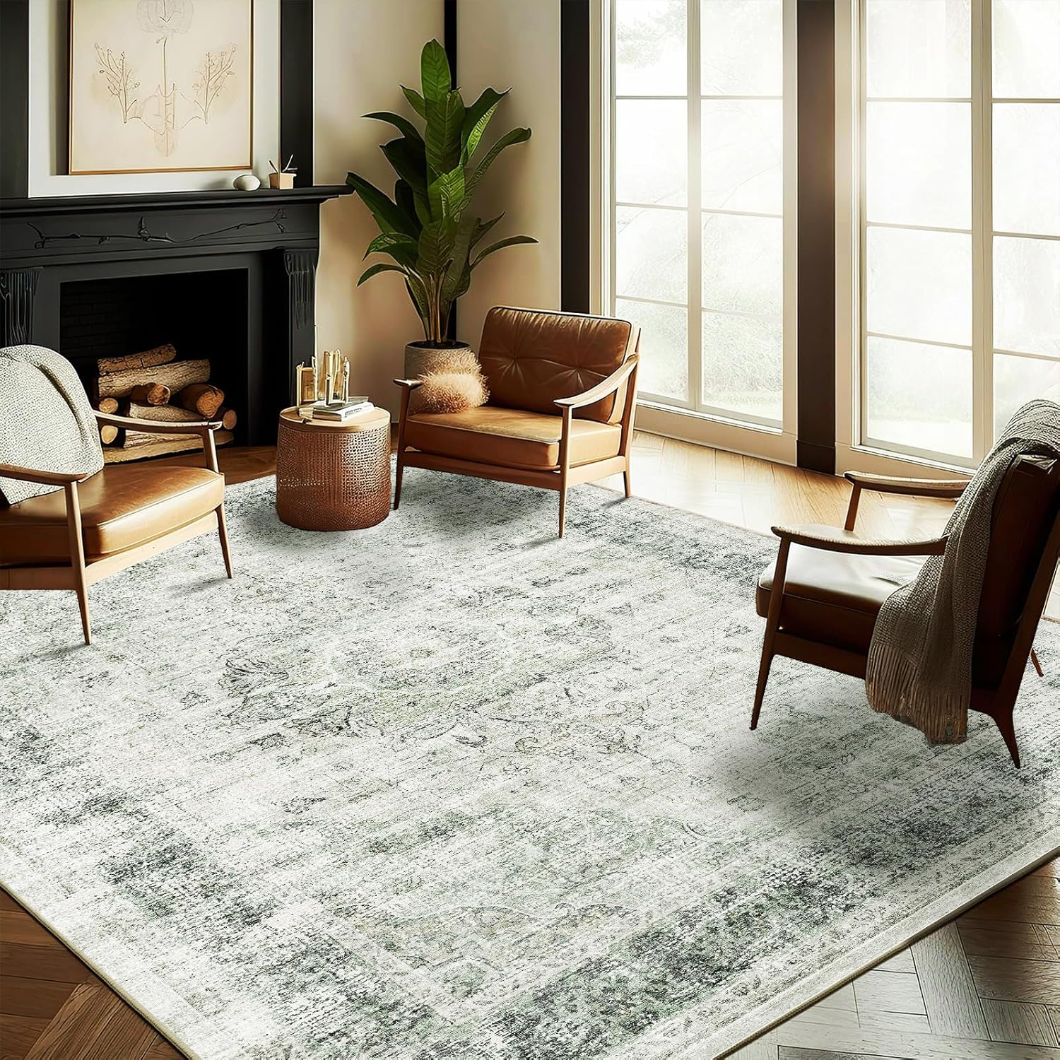 Area Rug 8x10 Washable Rug Brown Vintage Traditional Mat Distressed Indoor Foldable Thin Retro Accent Floral Non Slip Carpet Living Room Dining Room Office
