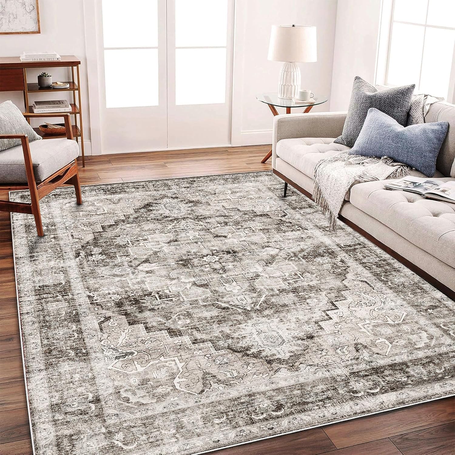 Area Rug 8x10 Washable Rug Brown Vintage Traditional Mat Distressed Indoor Foldable Thin Retro Accent Floral Non Slip Carpet Living Room Dining Room Office