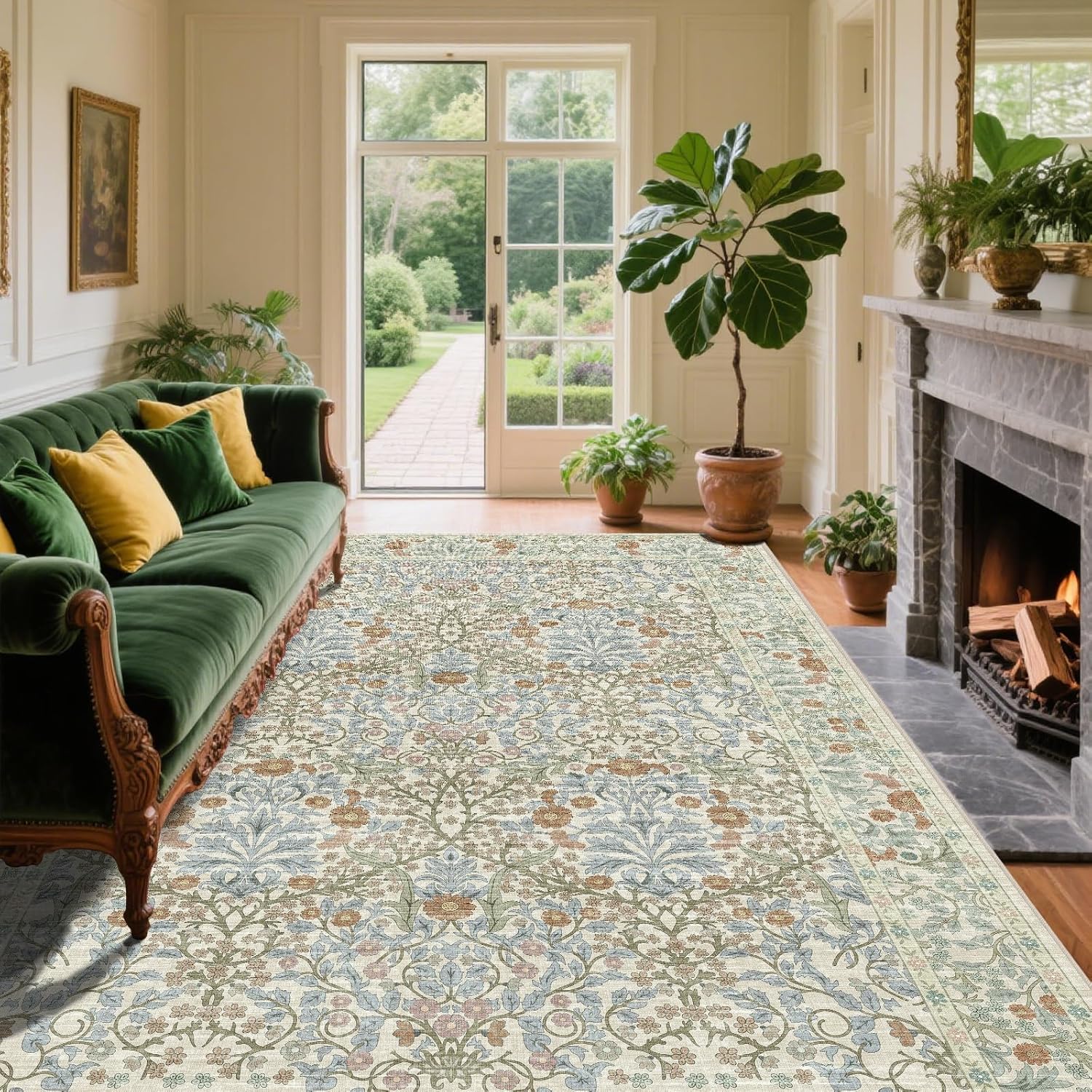 Vintage Beige Blue Living Room Rug, 8x10 Washable Area Rugs for Dining Room Under Table, Soft Low Pile Large Carpet Bedroom, Non-Slip Boho Floral (8 x 10 Beige Blue)