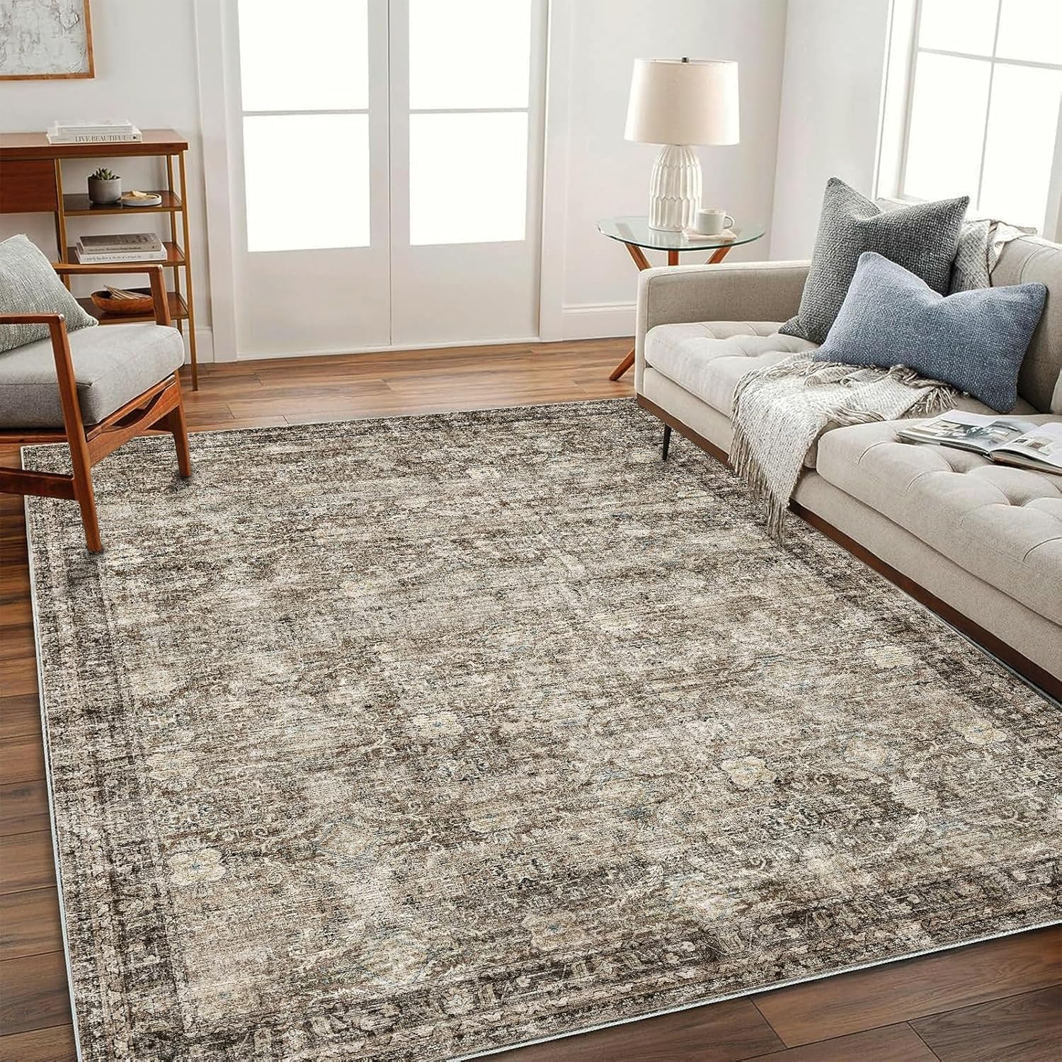 Area Rug 8x10 Washable Rug Brown Vintage Traditional Mat Distressed Indoor Foldable Thin Retro Accent Floral Non Slip Carpet Living Room Dining Room Office