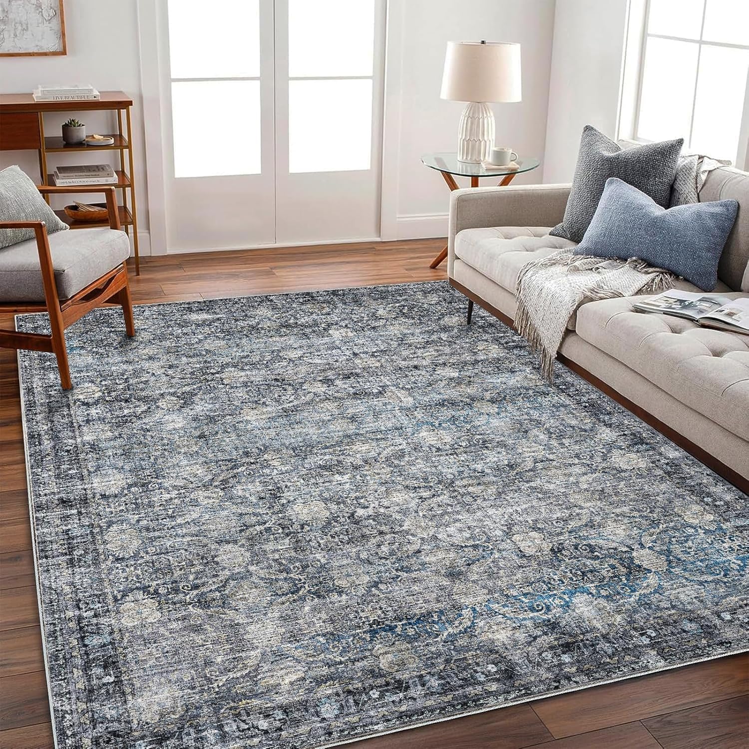 Area Rug 8x10 Washable Rug Brown Vintage Traditional Mat Distressed Indoor Foldable Thin Retro Accent Floral Non Slip Carpet Living Room Dining Room Office