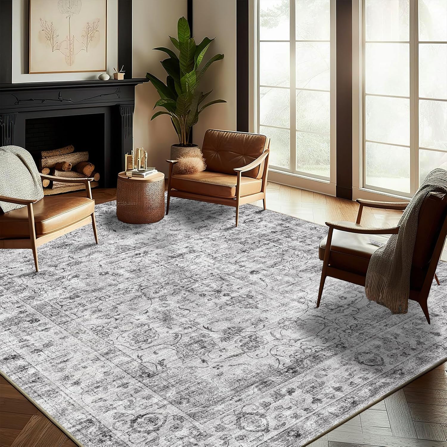 Area Rug 8x10 Washable Rug Brown Vintage Traditional Mat Distressed Indoor Foldable Thin Retro Accent Floral Non Slip Carpet Living Room Dining Room Office