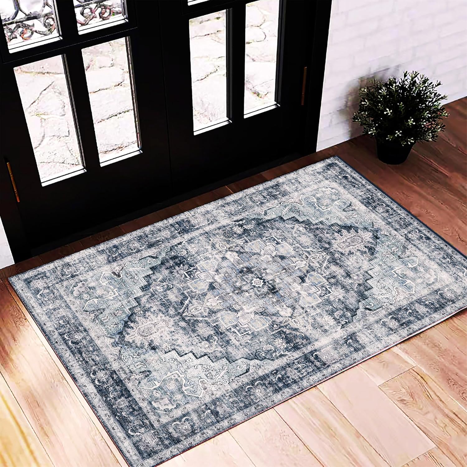 Area Rug 8x10 Washable Rug Brown Vintage Traditional Mat Distressed Indoor Foldable Thin Retro Accent Floral Non Slip Carpet Living Room Dining Room Office