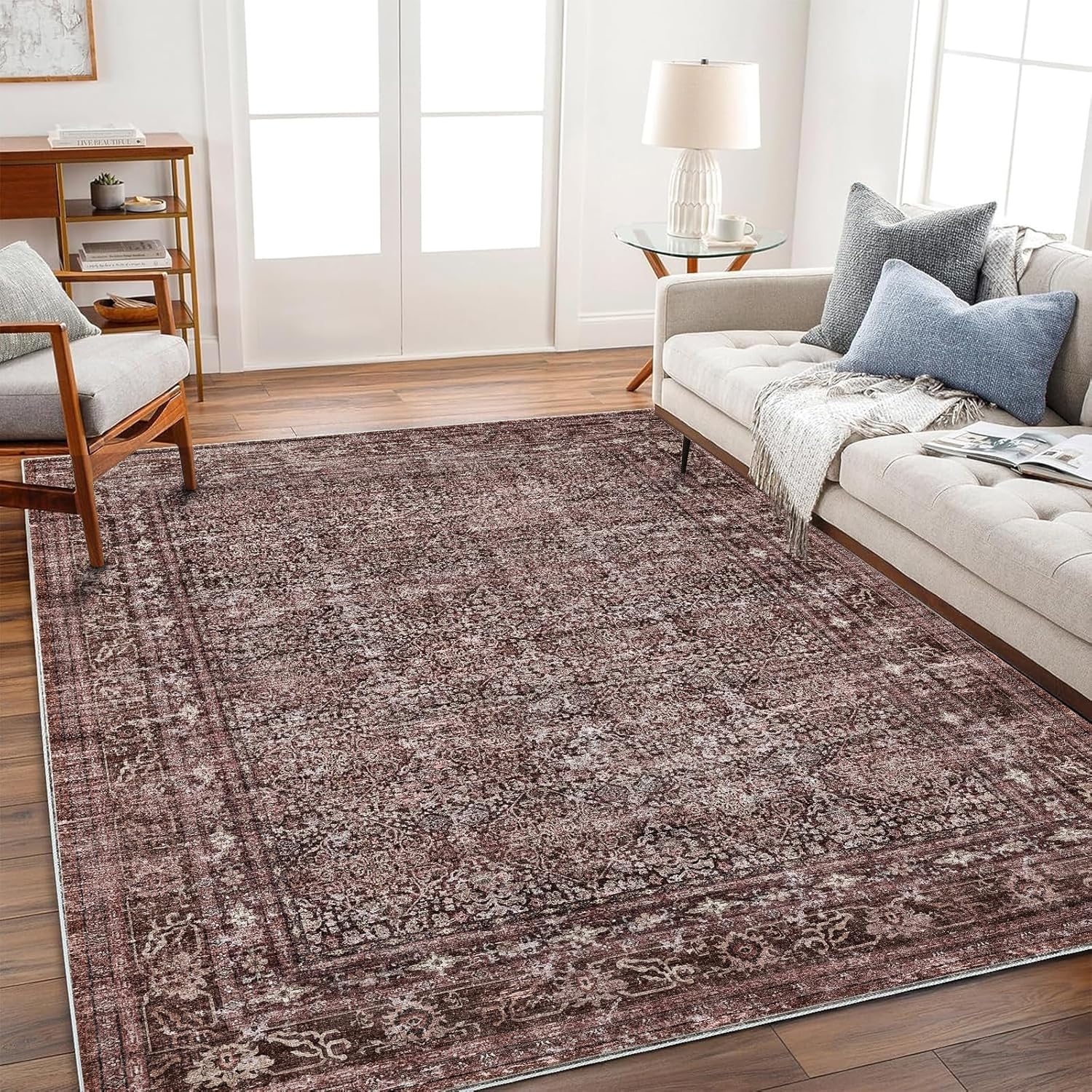 Area Rug 8x10 Washable Rug Brown Vintage Traditional Mat Distressed Indoor Foldable Thin Retro Accent Floral Non Slip Carpet Living Room Dining Room Office