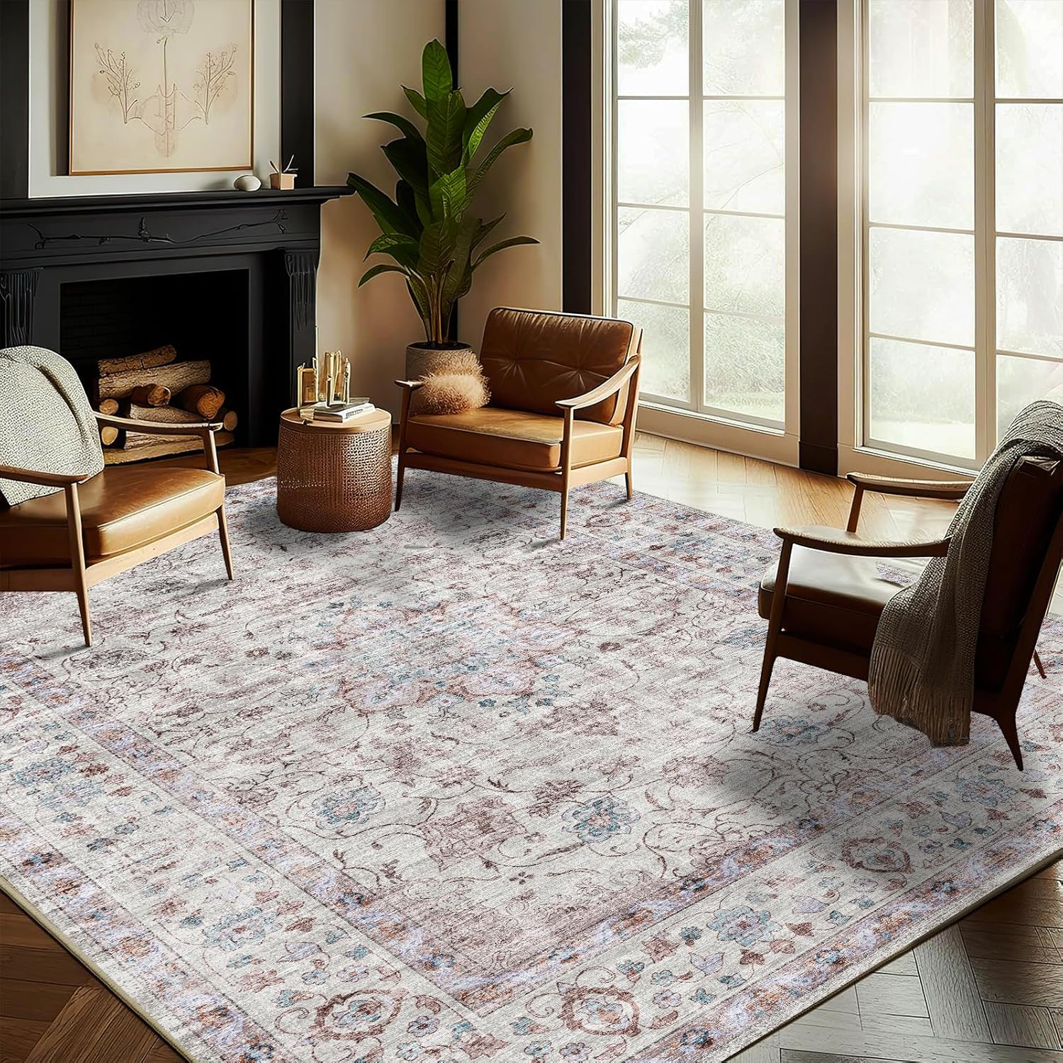 Area Rug 8x10 Washable Rug Brown Vintage Traditional Mat Distressed Indoor Foldable Thin Retro Accent Floral Non Slip Carpet Living Room Dining Room Office