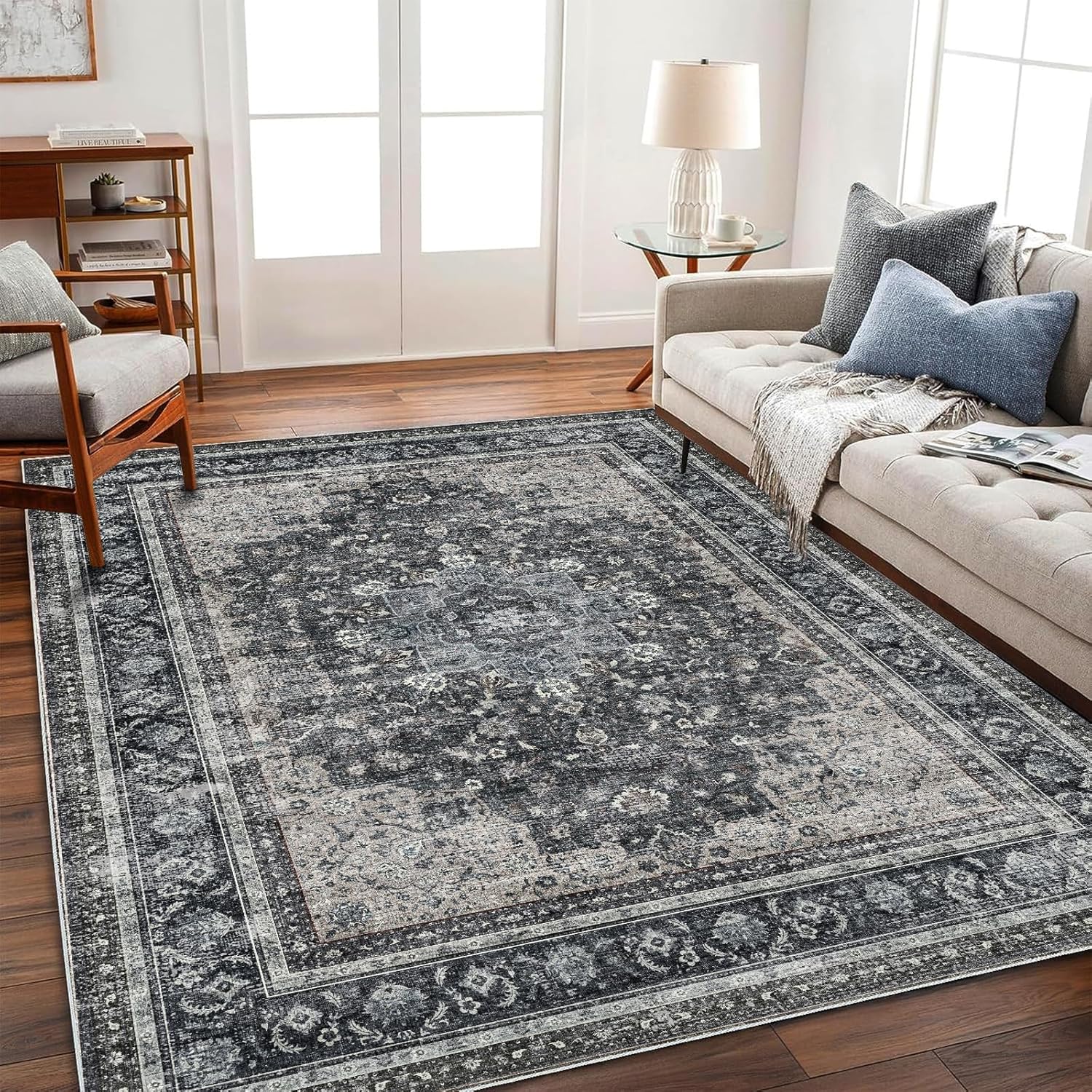 Area Rug 8x10 Washable Rug Brown Vintage Traditional Mat Distressed Indoor Foldable Thin Retro Accent Floral Non Slip Carpet Living Room Dining Room Office