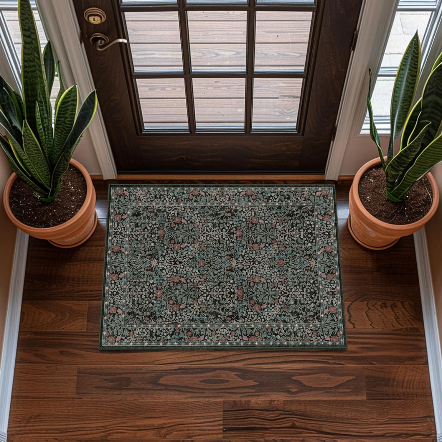 Vintage Beige Blue Living Room Rug, 8x10 Washable Area Rugs for Dining Room Under Table, Soft Low Pile Large Carpet Bedroom, Non-Slip Boho Floral (8 x 10 Beige Blue)