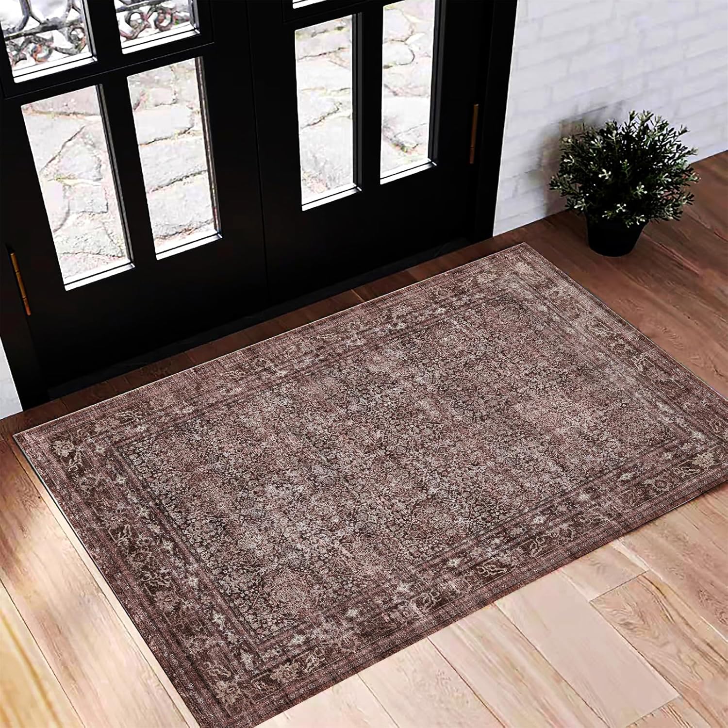 Area Rug 8x10 Washable Rug Brown Vintage Traditional Mat Distressed Indoor Foldable Thin Retro Accent Floral Non Slip Carpet Living Room Dining Room Office