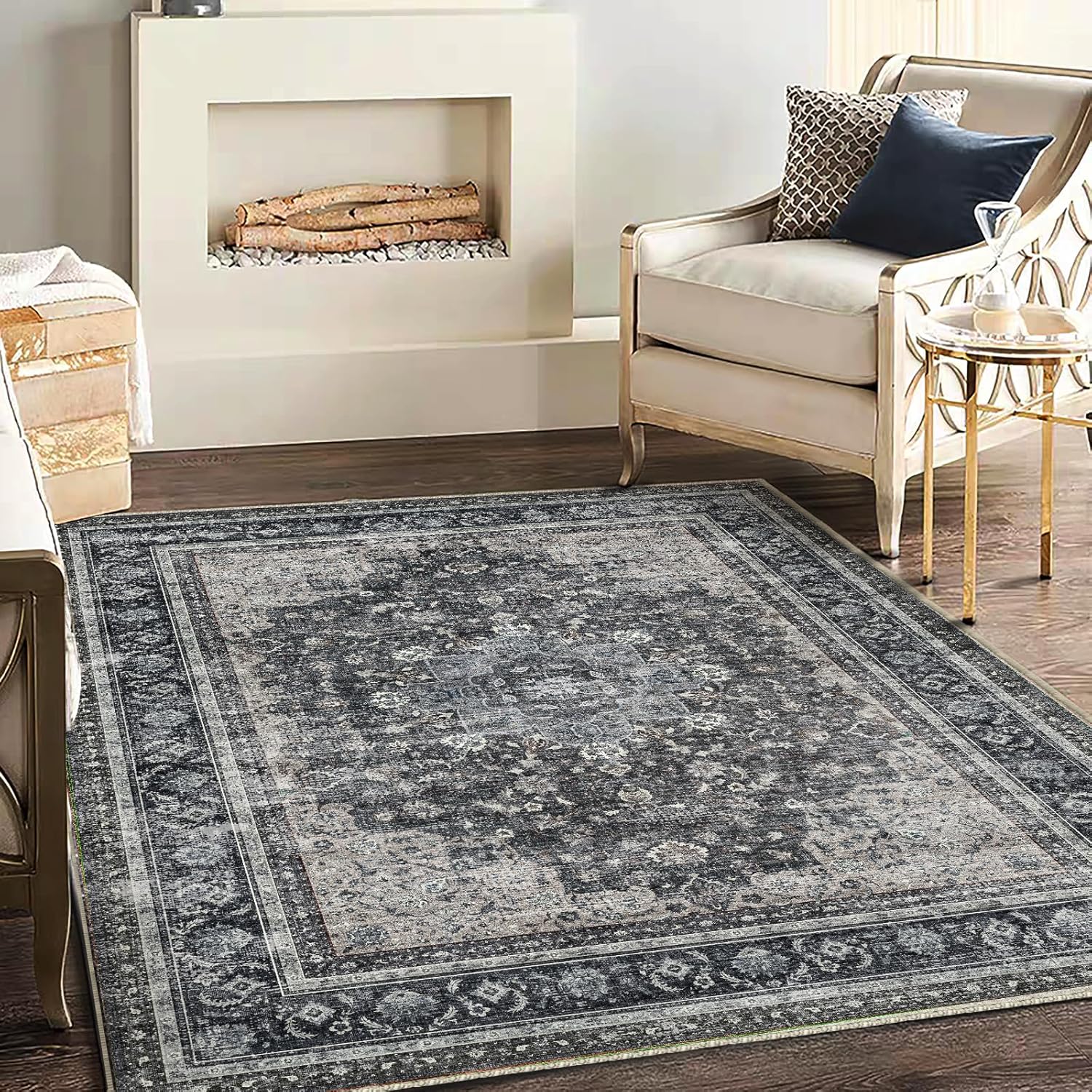 Area Rug 8x10 Washable Rug Brown Vintage Traditional Mat Distressed Indoor Foldable Thin Retro Accent Floral Non Slip Carpet Living Room Dining Room Office