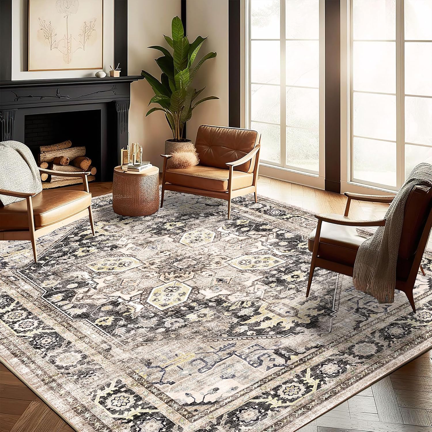 Area Rug 8x10 Washable Rug Brown Vintage Traditional Mat Distressed Indoor Foldable Thin Retro Accent Floral Non Slip Carpet Living Room Dining Room Office