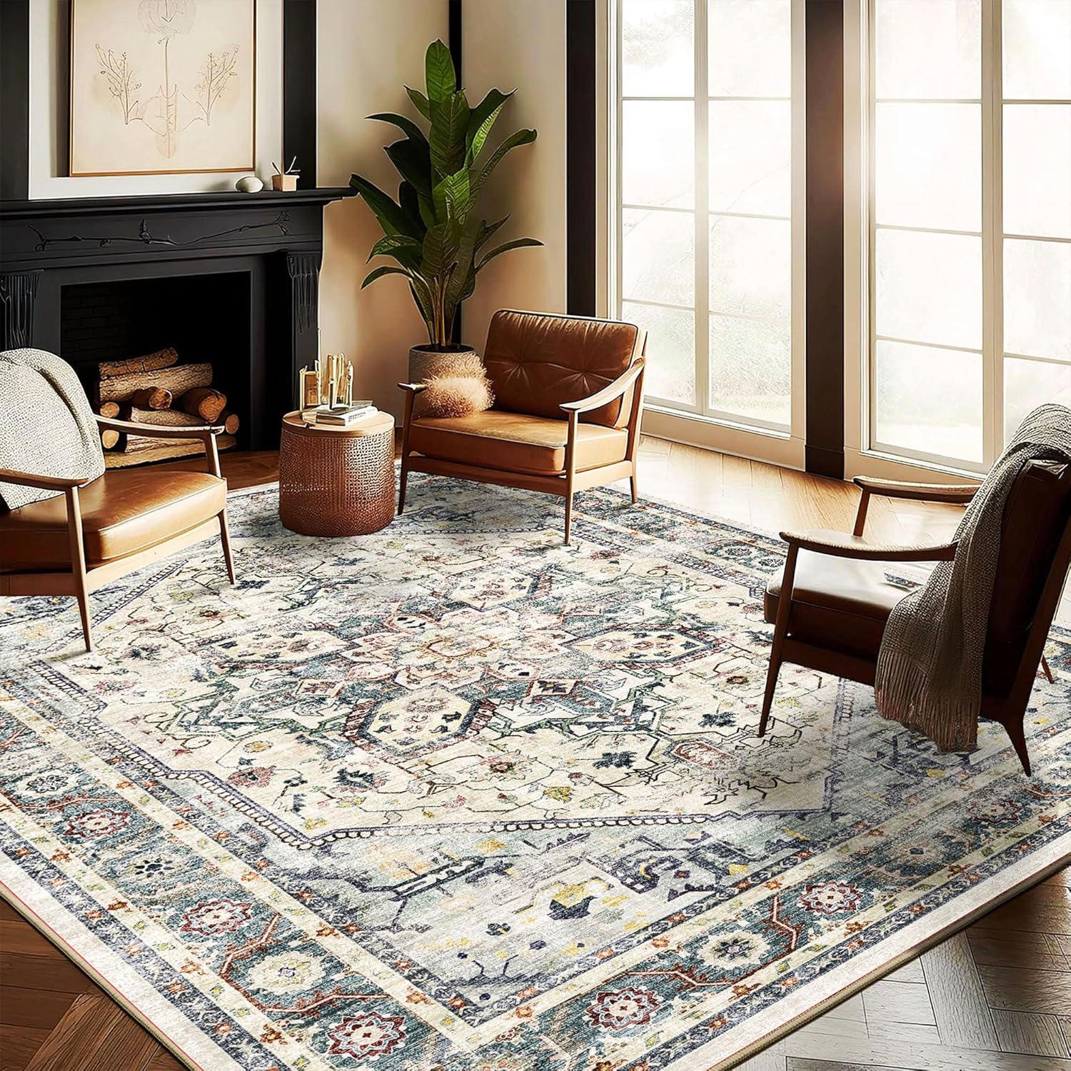 Area Rug 8x10 Washable Rug Brown Vintage Traditional Mat Distressed Indoor Foldable Thin Retro Accent Floral Non Slip Carpet Living Room Dining Room Office