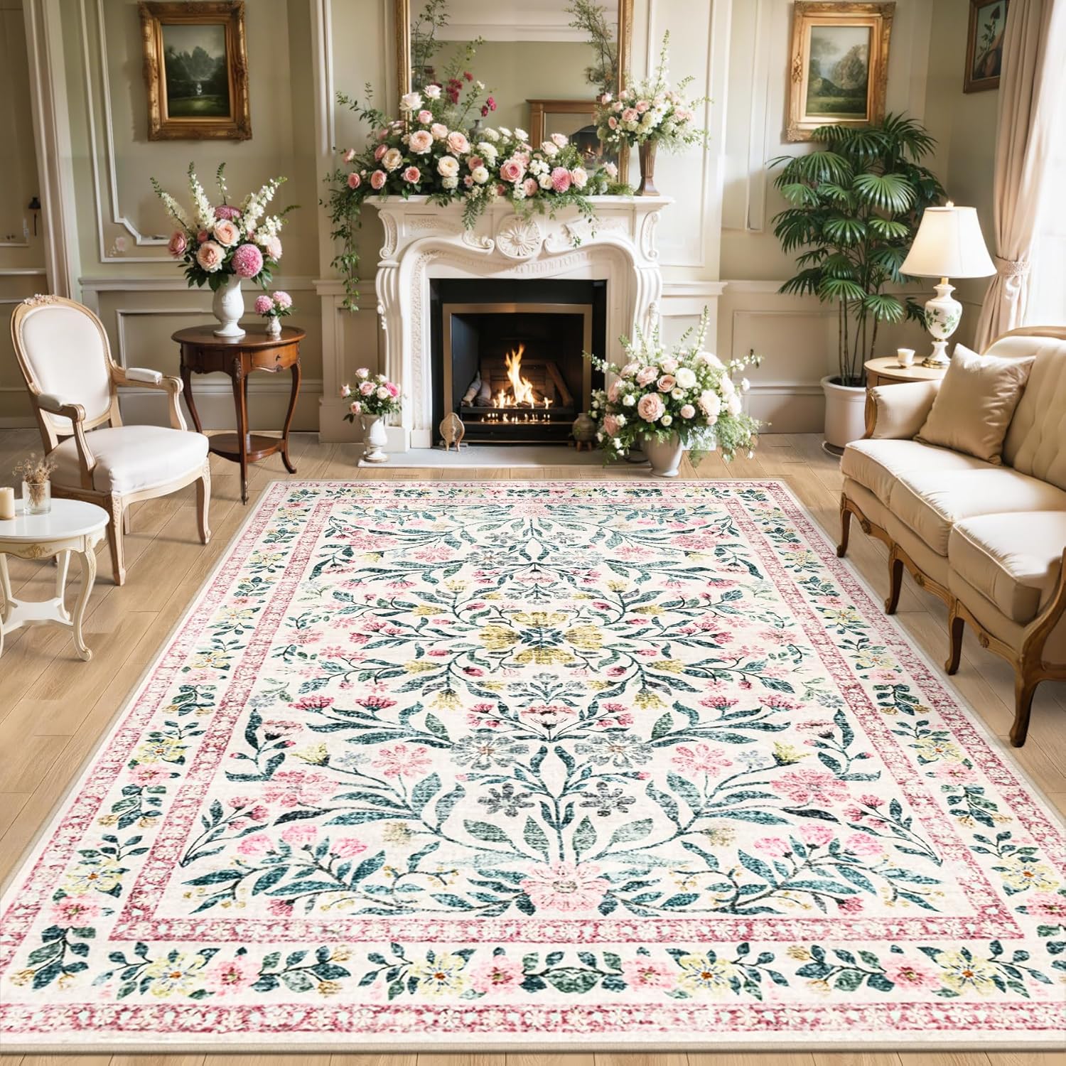 8x10 Area Rugs for Living Room: Floral Washable Rug Vintage Large Soft Boho Non-Slip Carpet Indoor Floor Stain Resistant Carpets for Bedroom Dining Room Farmhouse Nursery Home Office Beige/Multi