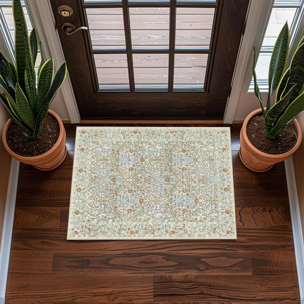 Vintage Beige Blue Living Room Rug, 8x10 Washable Area Rugs for Dining Room Under Table, Soft Low Pile Large Carpet Bedroom, Non-Slip Boho Floral (8 x 10 Beige Blue)