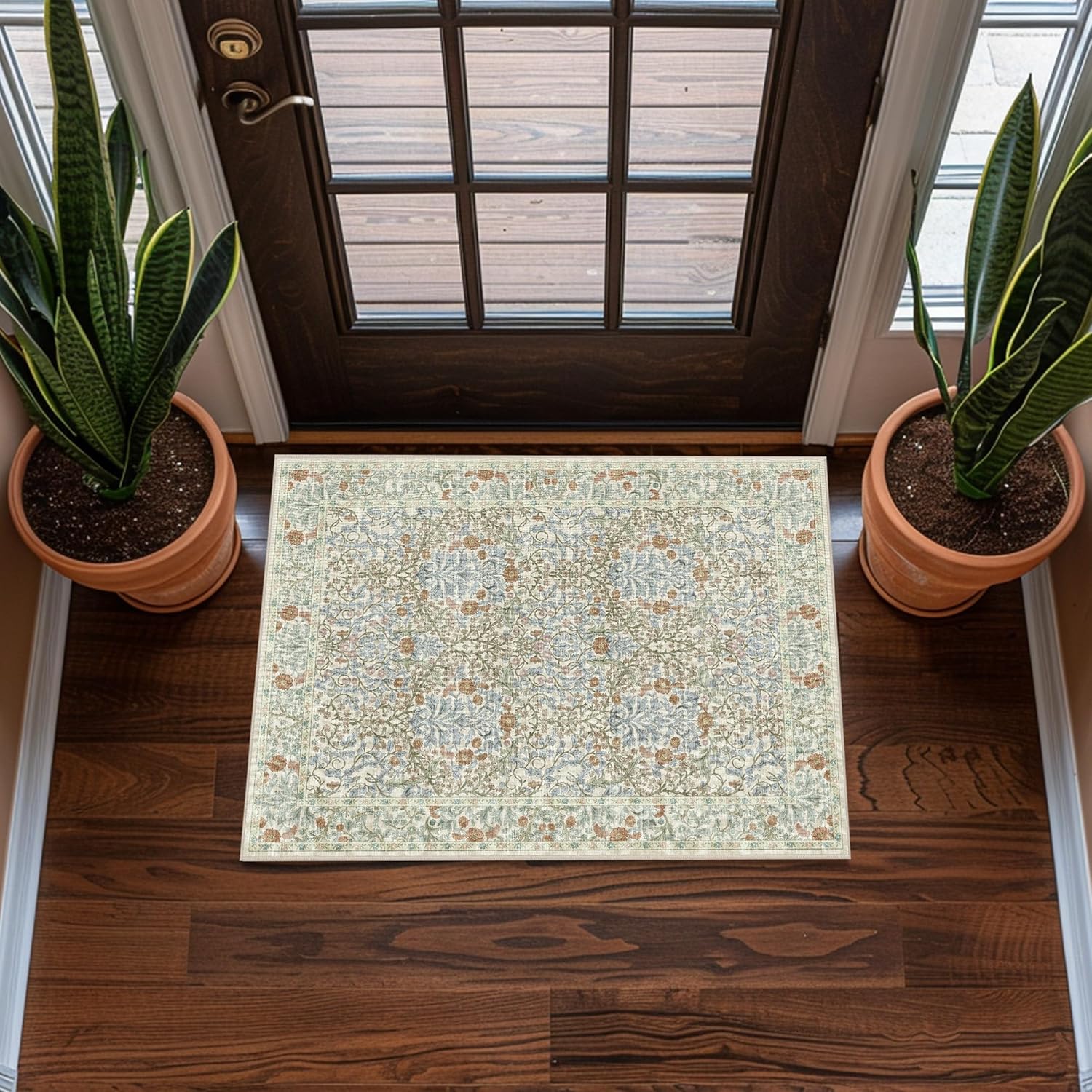 Vintage Beige Blue Living Room Rug, 8x10 Washable Area Rugs for Dining Room Under Table, Soft Low Pile Large Carpet Bedroom, Non-Slip Boho Floral (8 x 10 Beige Blue)