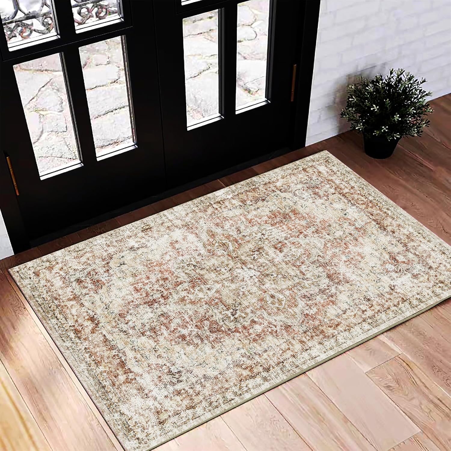Area Rug 8x10 Washable Rug Brown Vintage Traditional Mat Distressed Indoor Foldable Thin Retro Accent Floral Non Slip Carpet Living Room Dining Room Office