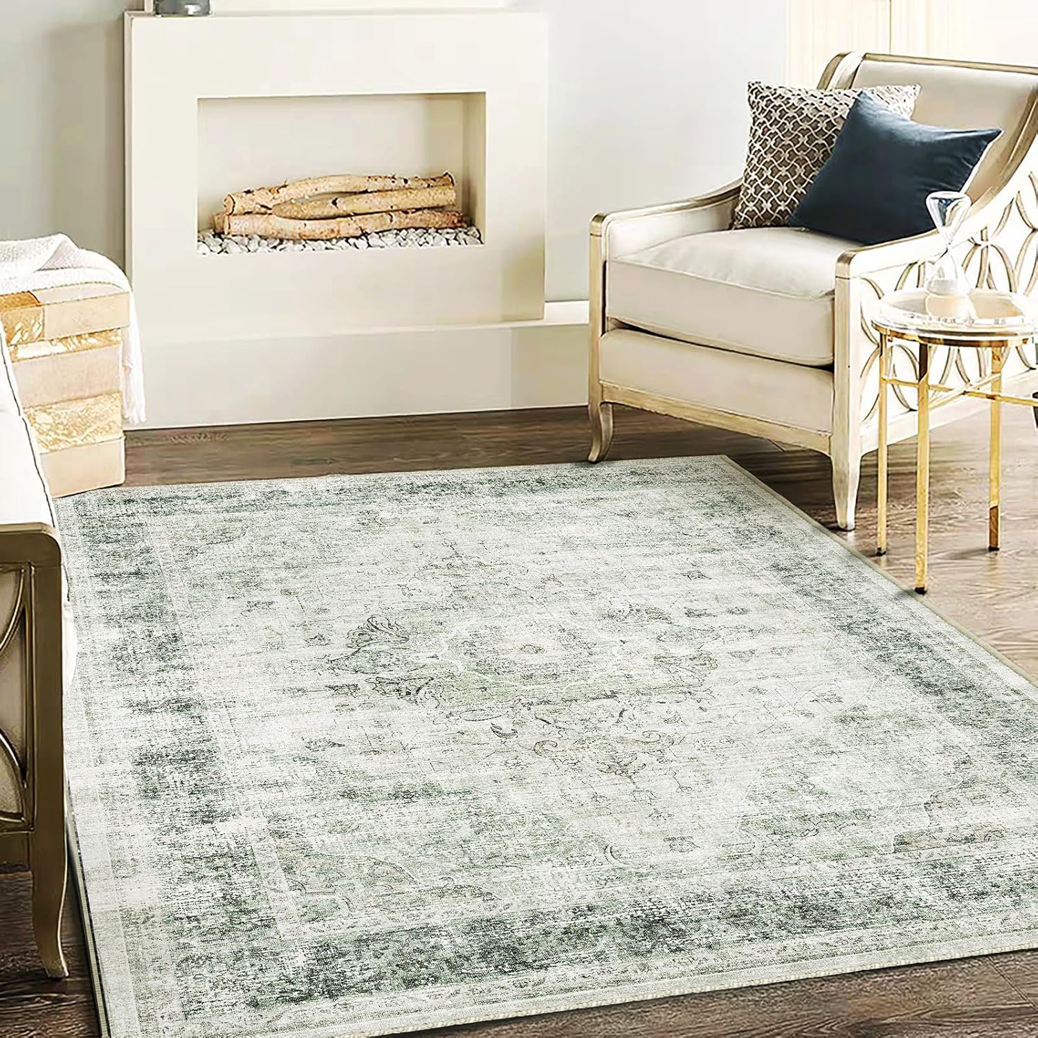 Area Rug 8x10 Washable Rug Brown Vintage Traditional Mat Distressed Indoor Foldable Thin Retro Accent Floral Non Slip Carpet Living Room Dining Room Office