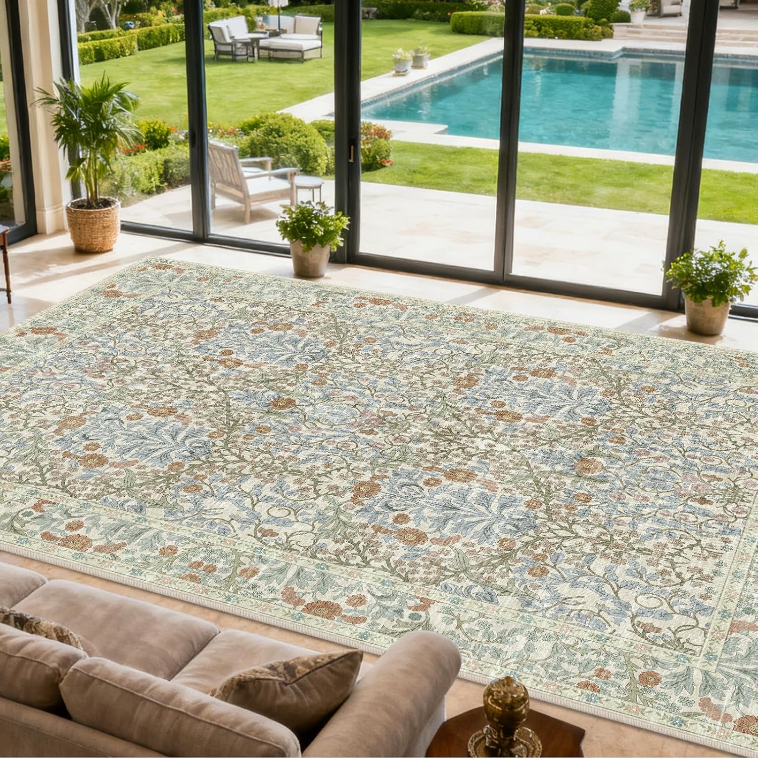 Vintage Beige Blue Living Room Rug, 8x10 Washable Area Rugs for Dining Room Under Table, Soft Low Pile Large Carpet Bedroom, Non-Slip Boho Floral (8 x 10 Beige Blue)