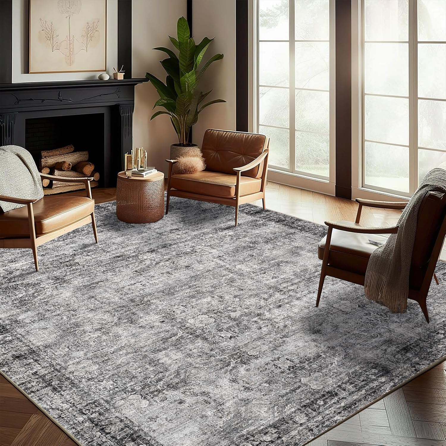 Area Rug 8x10 Washable Rug Brown Vintage Traditional Mat Distressed Indoor Foldable Thin Retro Accent Floral Non Slip Carpet Living Room Dining Room Office