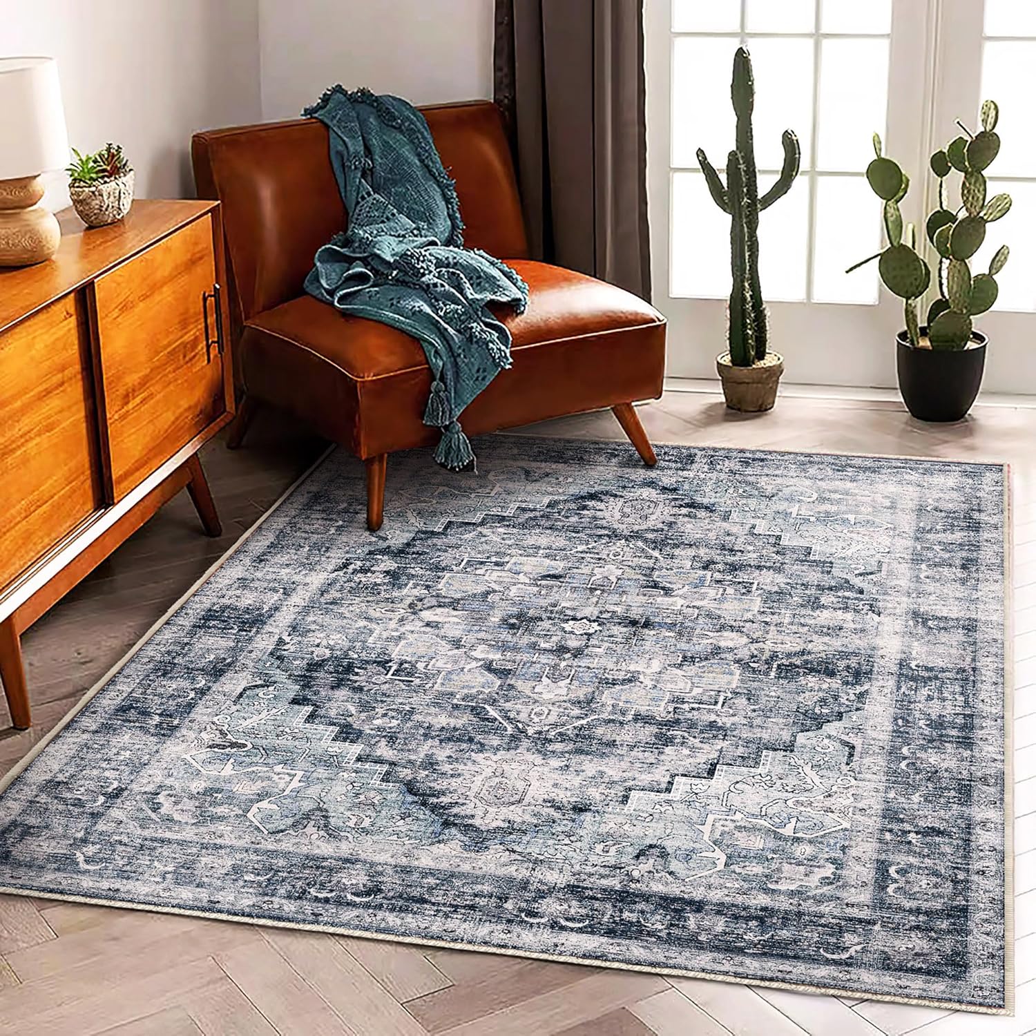 Area Rug 8x10 Washable Rug Brown Vintage Traditional Mat Distressed Indoor Foldable Thin Retro Accent Floral Non Slip Carpet Living Room Dining Room Office