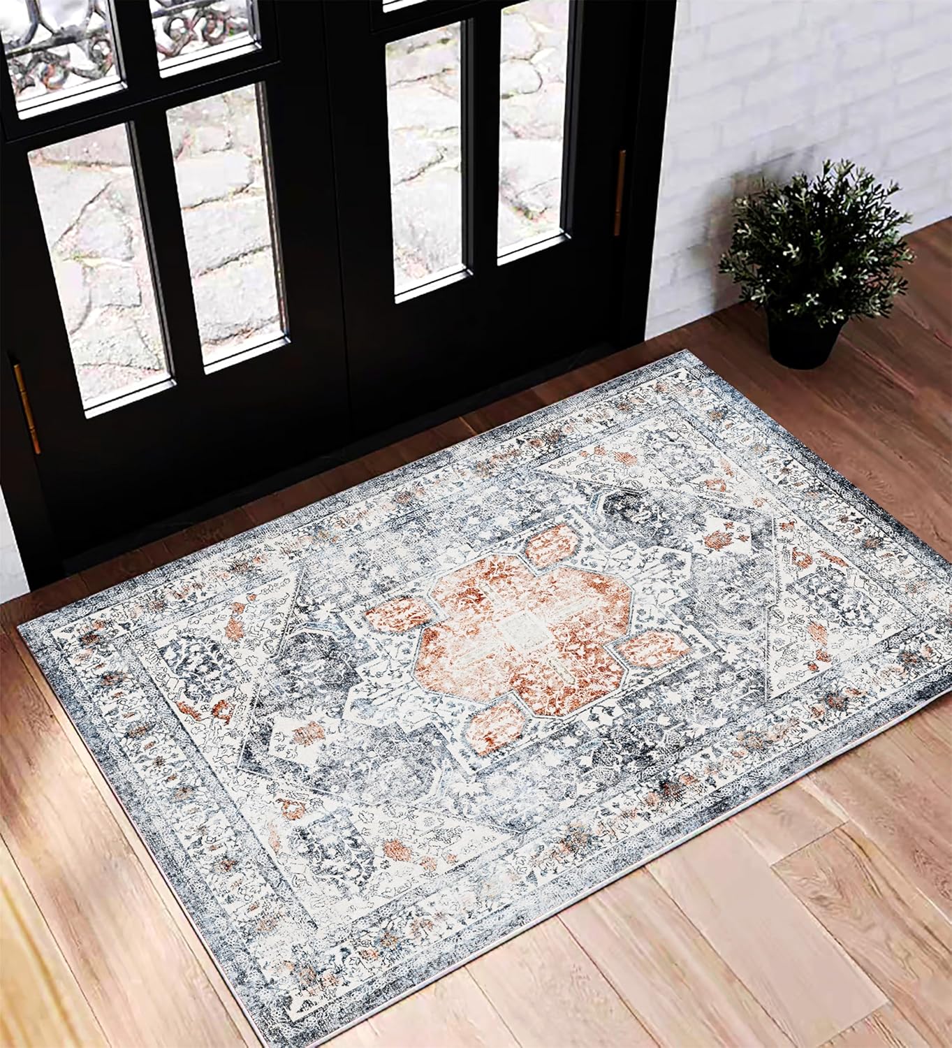 Area Rug 8x10 Washable Rug Brown Vintage Traditional Mat Distressed Indoor Foldable Thin Retro Accent Floral Non Slip Carpet Living Room Dining Room Office