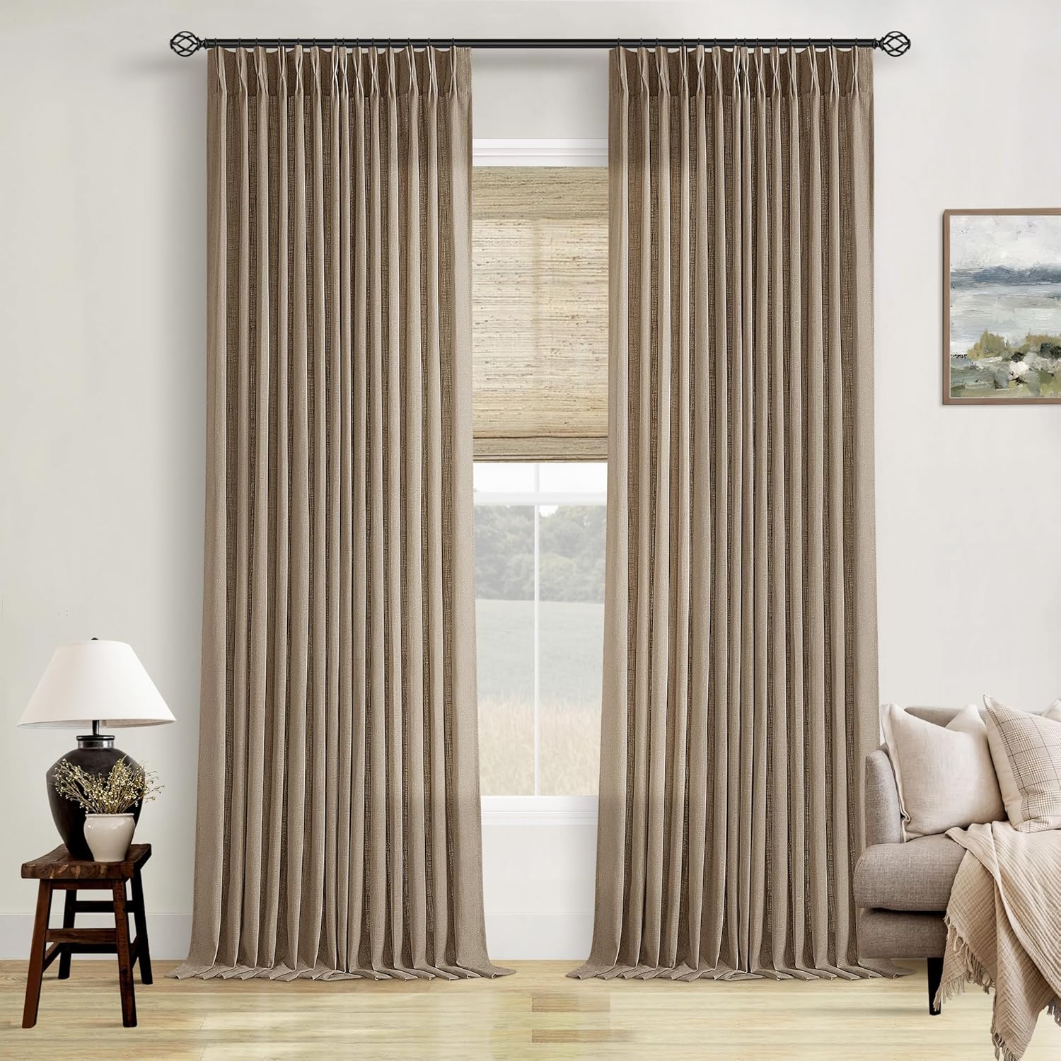 Natural Pinch Pleated Linen Curtains 84 Inch Length 2 Panels for Living Room Bedroom Textured Cream Ivory Birch Semi Sheer Boho Neutral Back Tab Pinch Pleat Hooks Rings Window Curtain 84 Inches Long