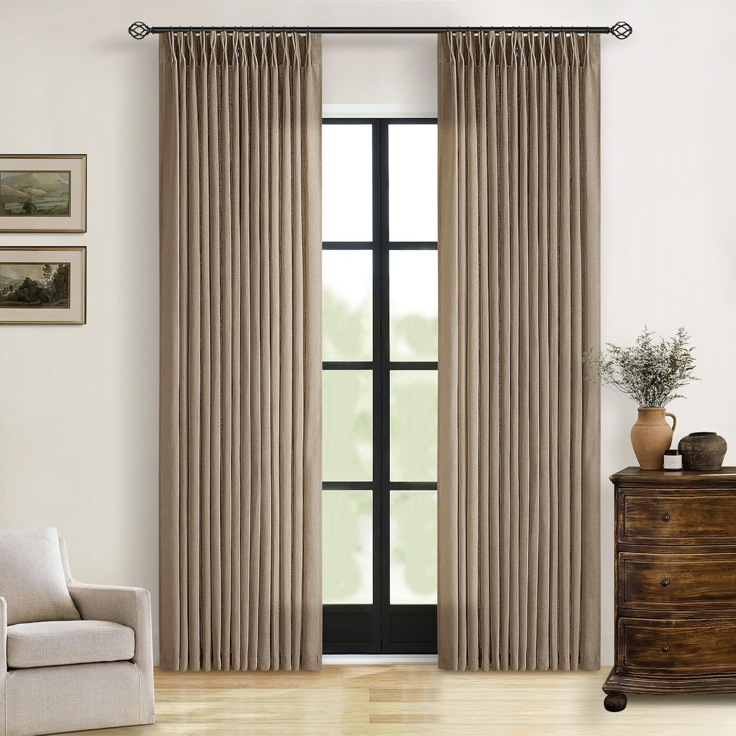 Natural Pinch Pleated Linen Curtains 84 Inch Length 2 Panels for Living Room Bedroom Textured Cream Ivory Birch Semi Sheer Boho Neutral Back Tab Pinch Pleat Hooks Rings Window Curtain 84 Inches Long