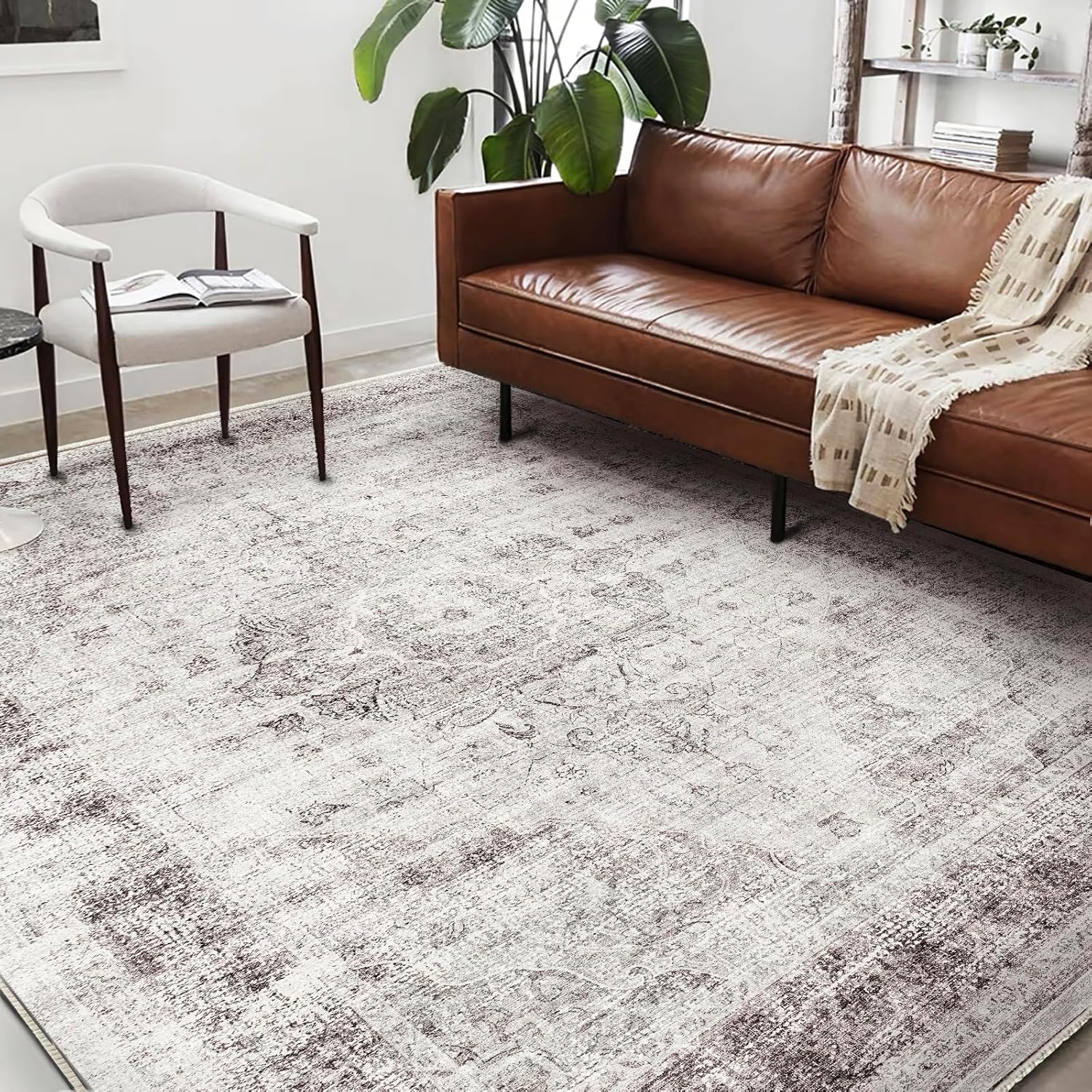 Area Rug 8x10 Washable Rug Brown Vintage Traditional Mat Distressed Indoor Foldable Thin Retro Accent Floral Non Slip Carpet Living Room Dining Room Office