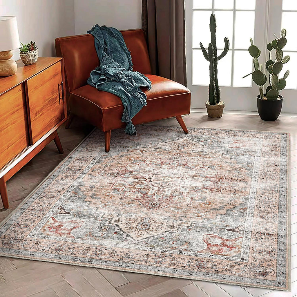 Area Rug 8x10 Washable Rug Brown Vintage Traditional Mat Distressed Indoor Foldable Thin Retro Accent Floral Non Slip Carpet Living Room Dining Room Office