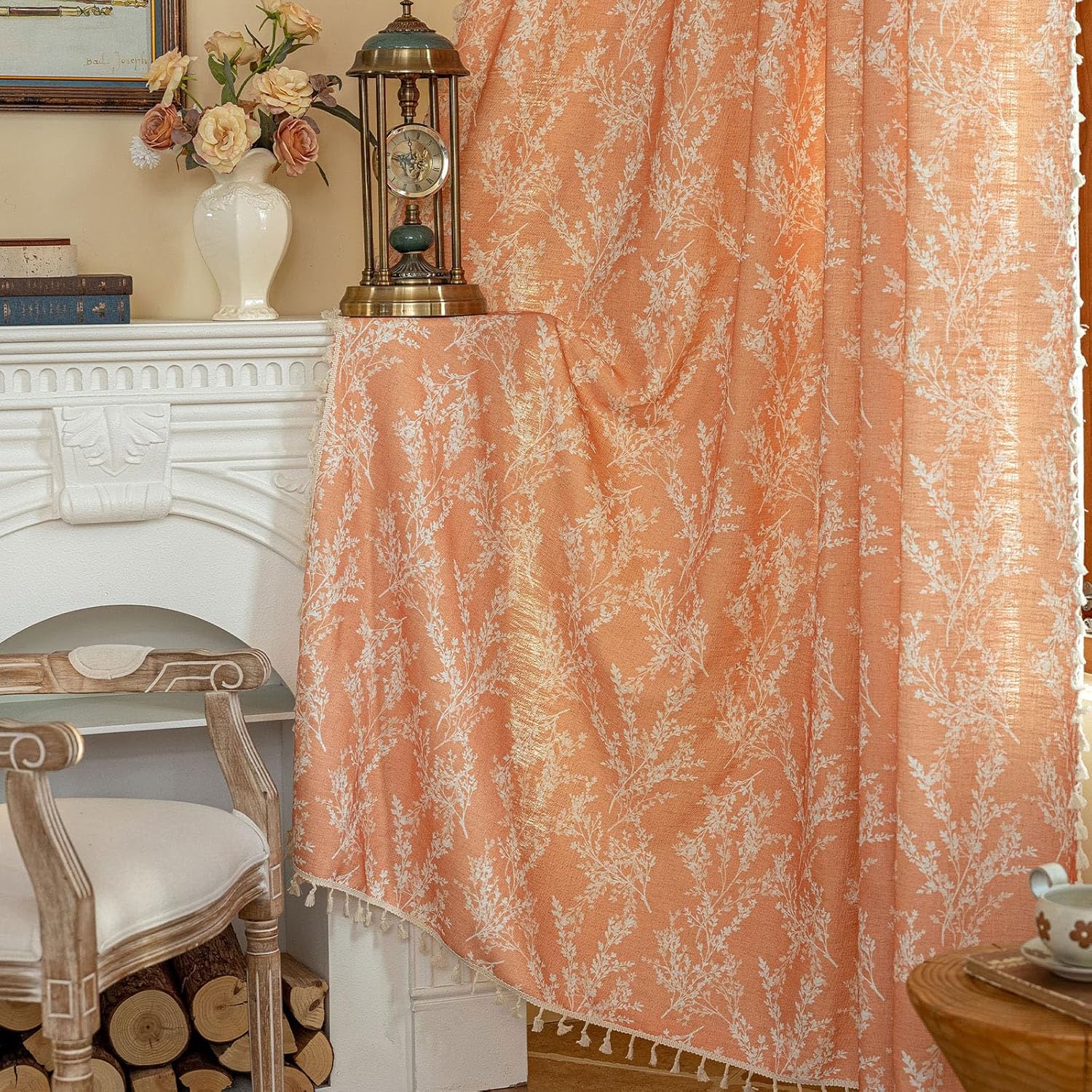 ENJOYBRIDAL Floral Bedroom Curtains 84 Inch Length 2 Panels Set Farmhouse Semi Sheer Living Room Drapes Cotton Linen Blend Bohemian Window Curtain Panels with Tassel Beige Rod Pocket Drapes