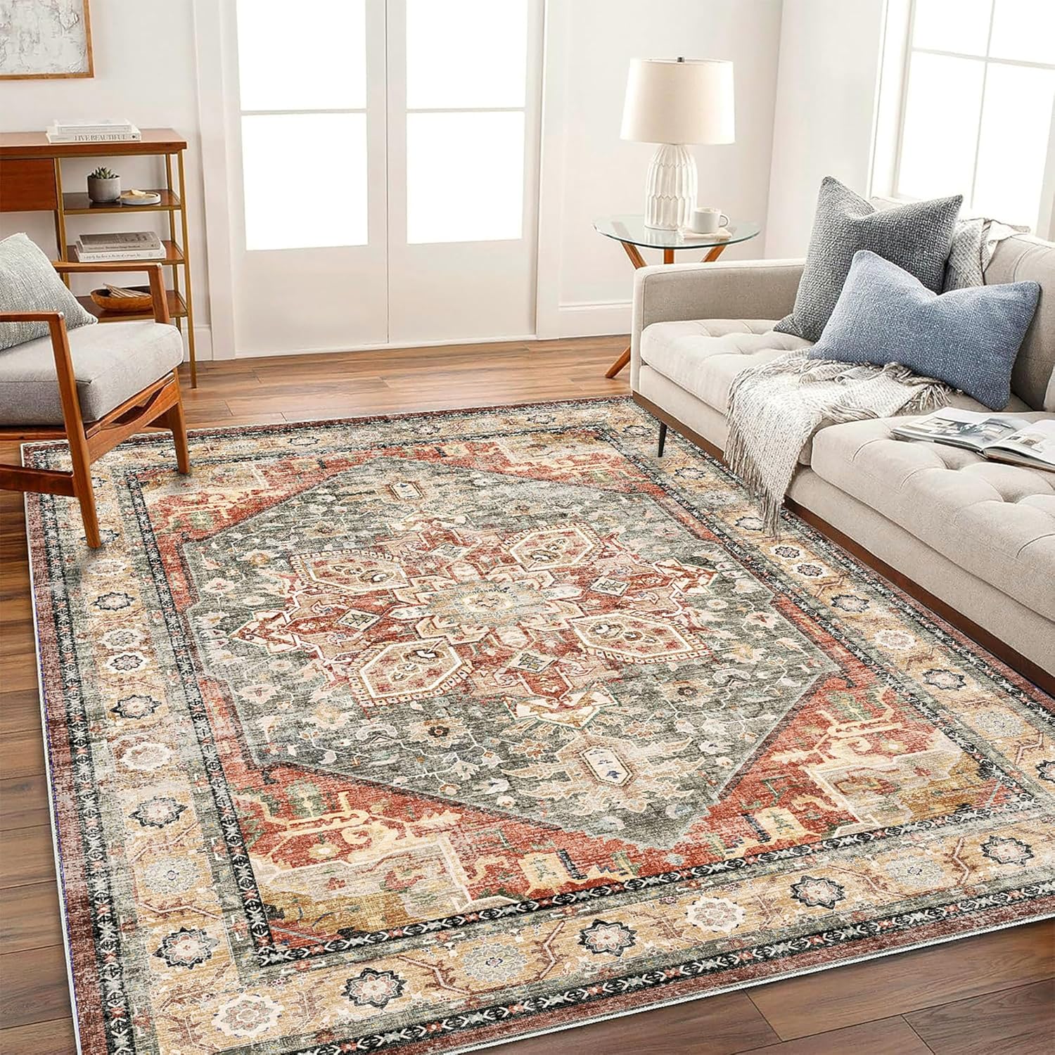 Area Rug 8x10 Washable Rug Brown Vintage Traditional Mat Distressed Indoor Foldable Thin Retro Accent Floral Non Slip Carpet Living Room Dining Room Office