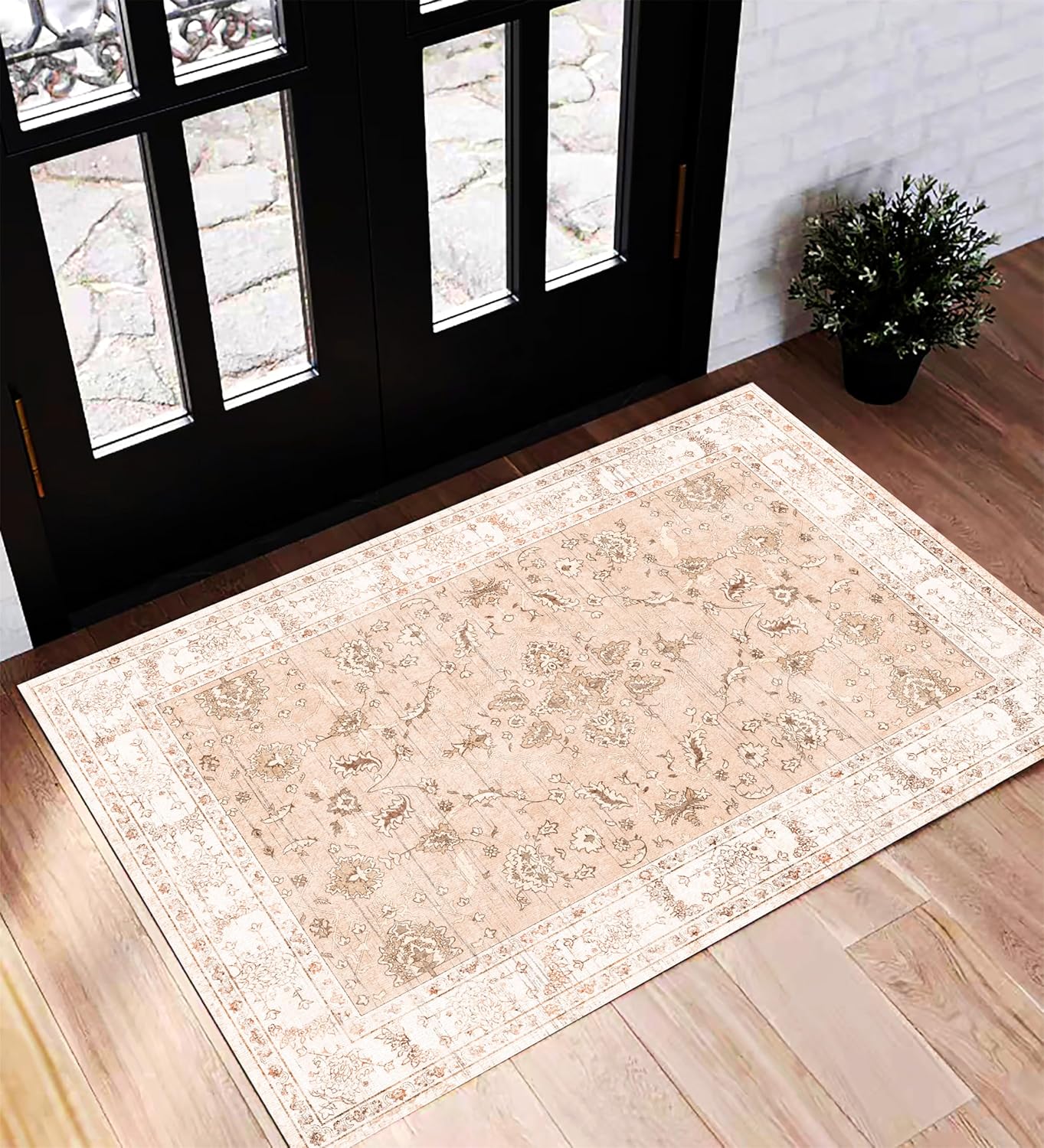 Area Rug 8x10 Washable Rug Brown Vintage Traditional Mat Distressed Indoor Foldable Thin Retro Accent Floral Non Slip Carpet Living Room Dining Room Office