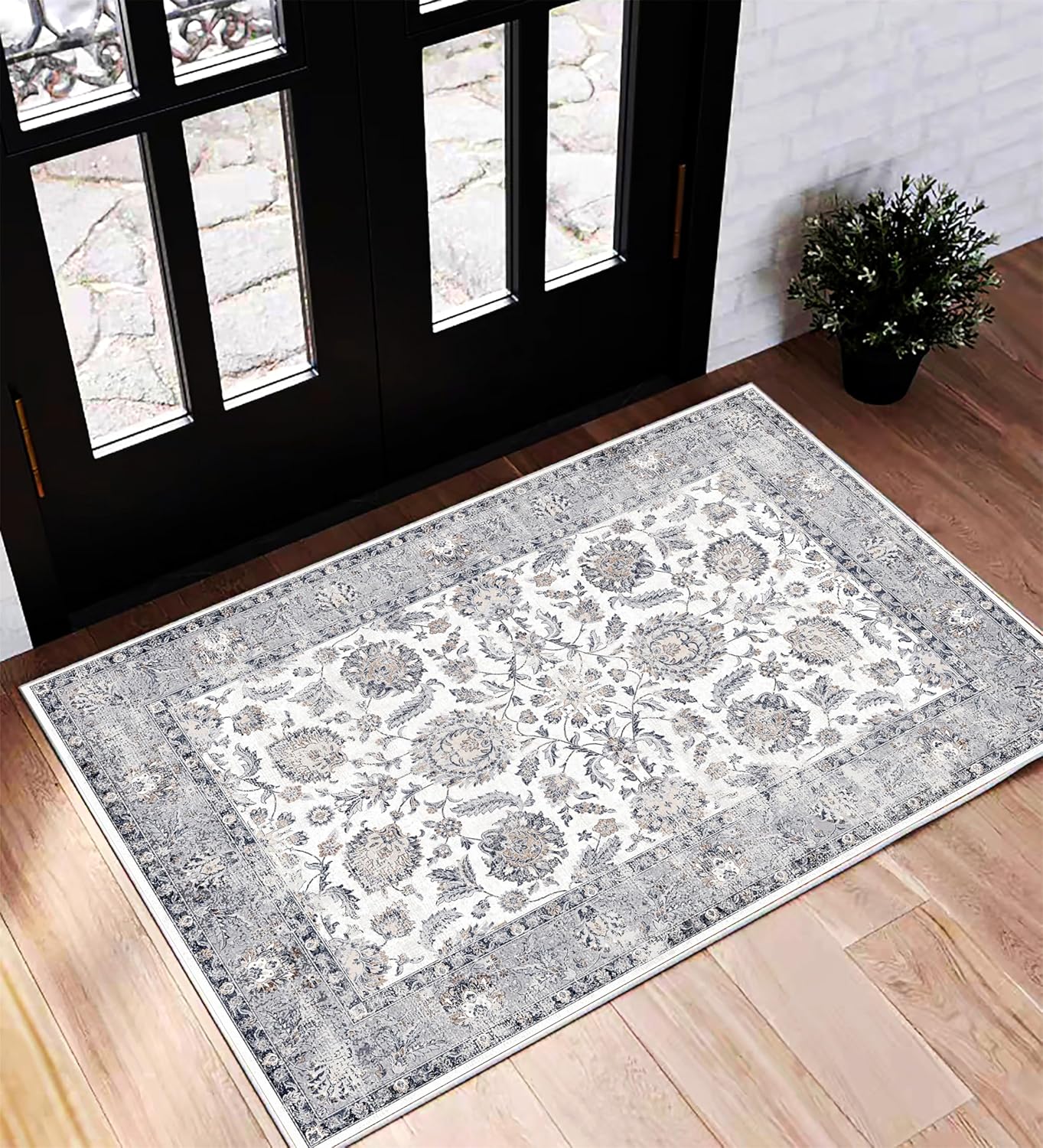 Area Rug 8x10 Washable Rug Brown Vintage Traditional Mat Distressed Indoor Foldable Thin Retro Accent Floral Non Slip Carpet Living Room Dining Room Office