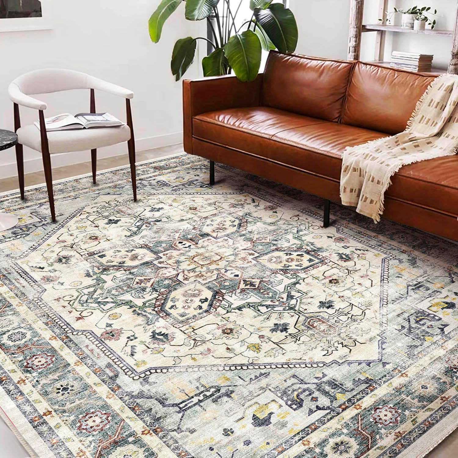 Area Rug 8x10 Washable Rug Brown Vintage Traditional Mat Distressed Indoor Foldable Thin Retro Accent Floral Non Slip Carpet Living Room Dining Room Office