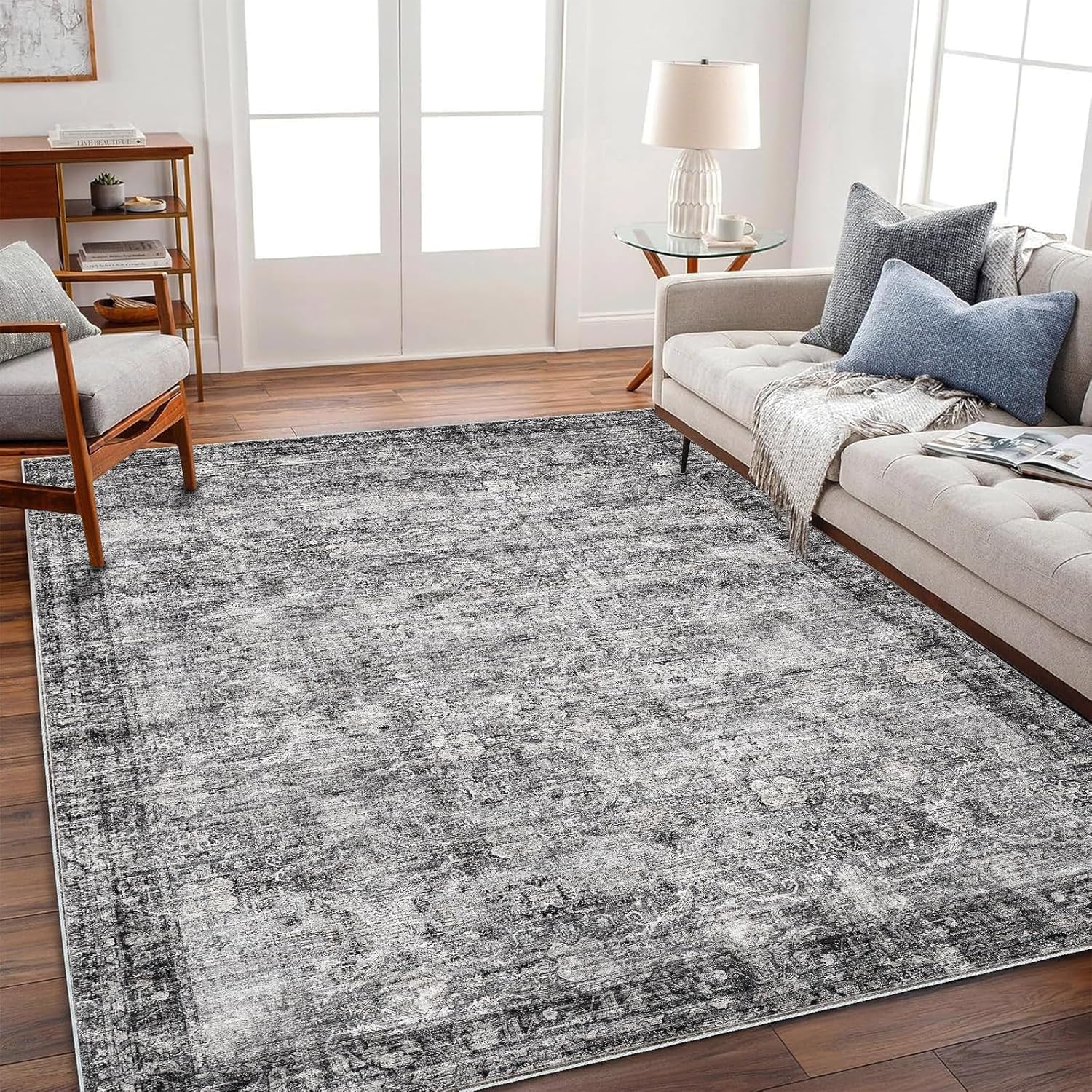 Area Rug 8x10 Washable Rug Brown Vintage Traditional Mat Distressed Indoor Foldable Thin Retro Accent Floral Non Slip Carpet Living Room Dining Room Office