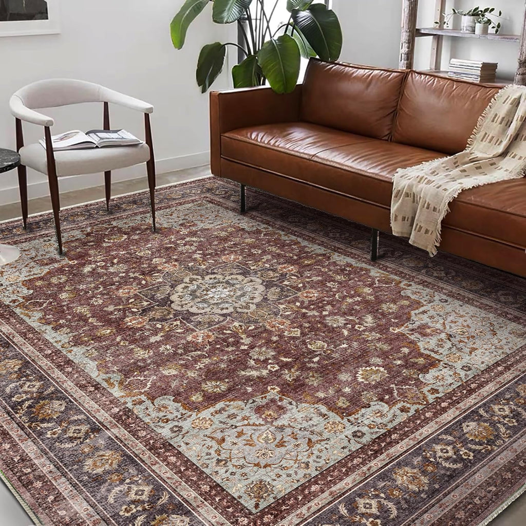 Area Rug 8x10 Washable Rug Brown Vintage Traditional Mat Distressed Indoor Foldable Thin Retro Accent Floral Non Slip Carpet Living Room Dining Room Office