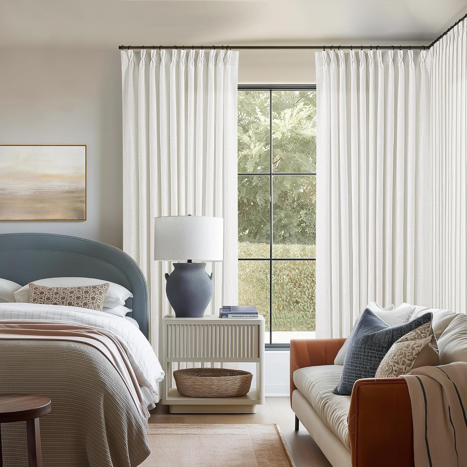 Natural Pinch Pleated Linen Curtains 84 Inch Length 2 Panels for Living Room Bedroom Textured Cream Ivory Birch Semi Sheer Boho Neutral Back Tab Pinch Pleat Hooks Rings Window Curtain 84 Inches Long