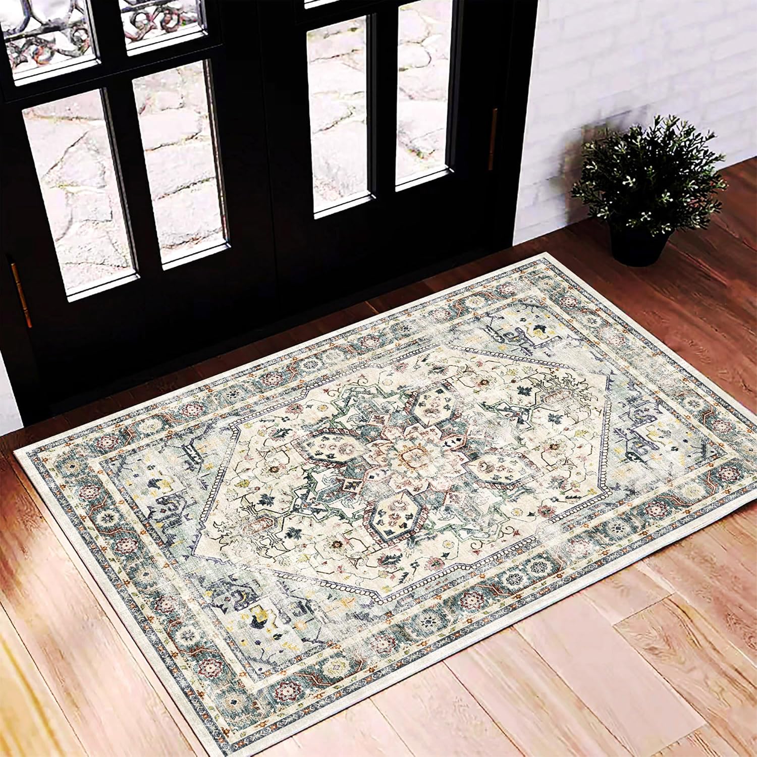 Area Rug 8x10 Washable Rug Brown Vintage Traditional Mat Distressed Indoor Foldable Thin Retro Accent Floral Non Slip Carpet Living Room Dining Room Office