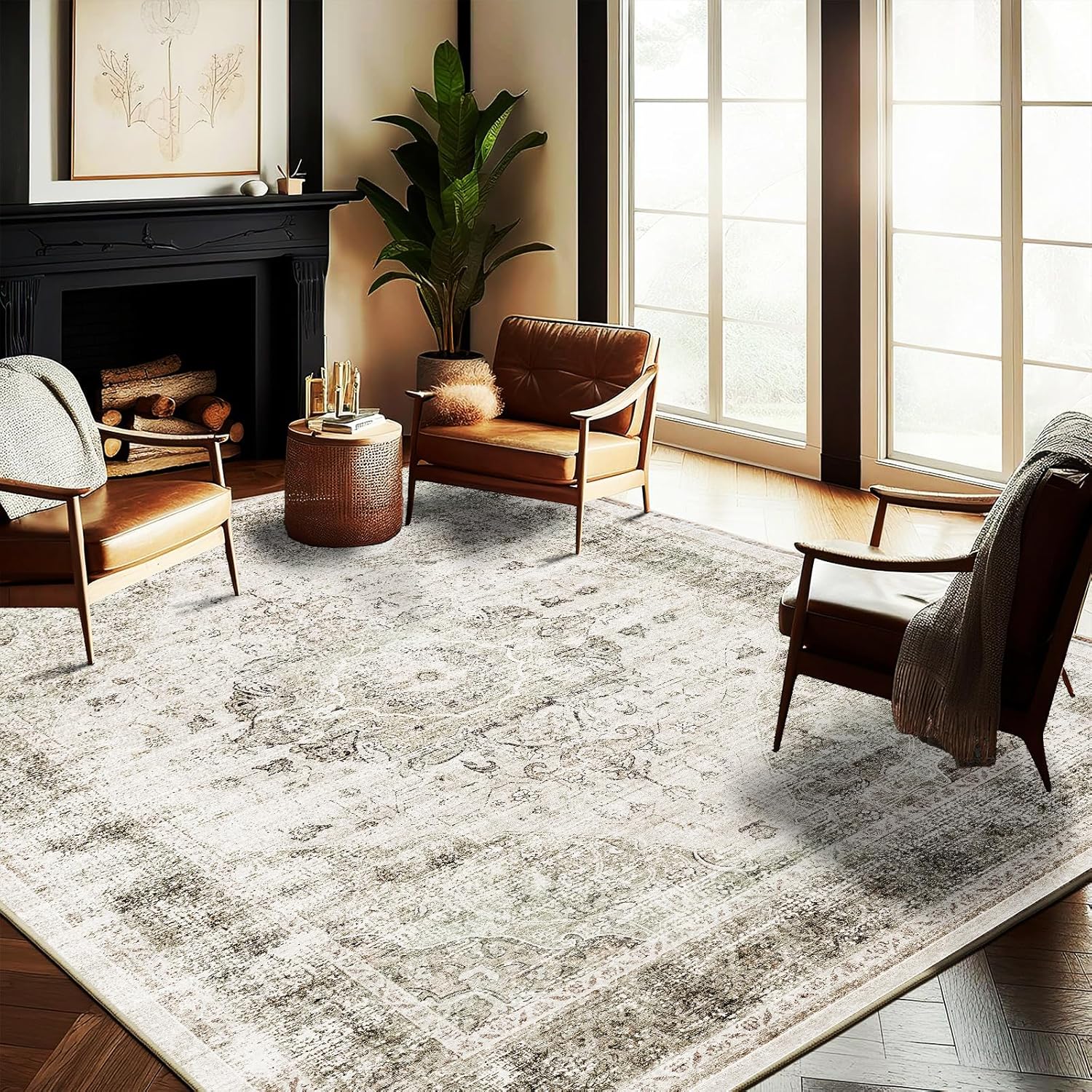 Area Rug 8x10 Washable Rug Brown Vintage Traditional Mat Distressed Indoor Foldable Thin Retro Accent Floral Non Slip Carpet Living Room Dining Room Office