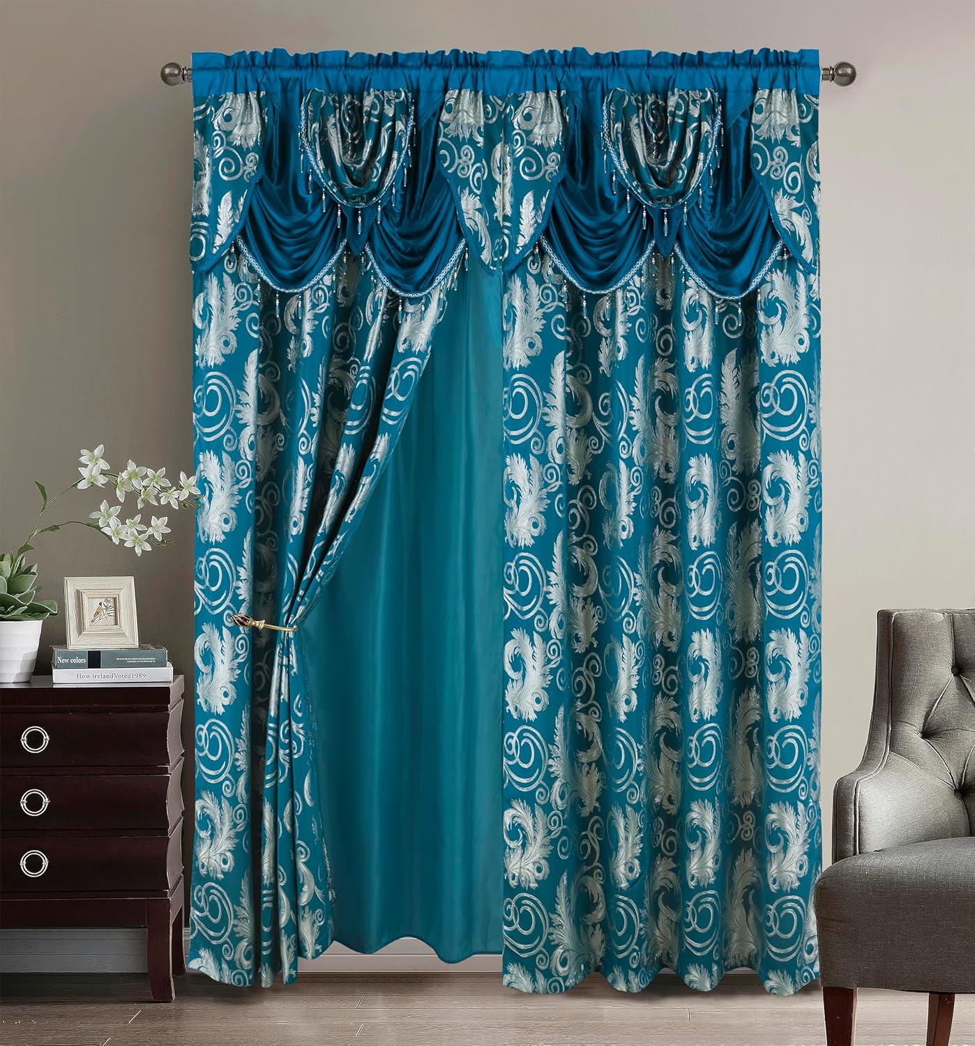 GLORY RUGS Jacquard Luxury Window 2 Panel Set Brown Curtain with Attached Valance and Backing Bedroom Living Room Dining 2 Curtains 55x84 inches Each Jana